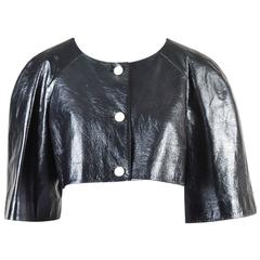 Chanel Black Leather Pearl 'CC' Buttons Cropped 3 Quarter Sleeve Jacket Size 44