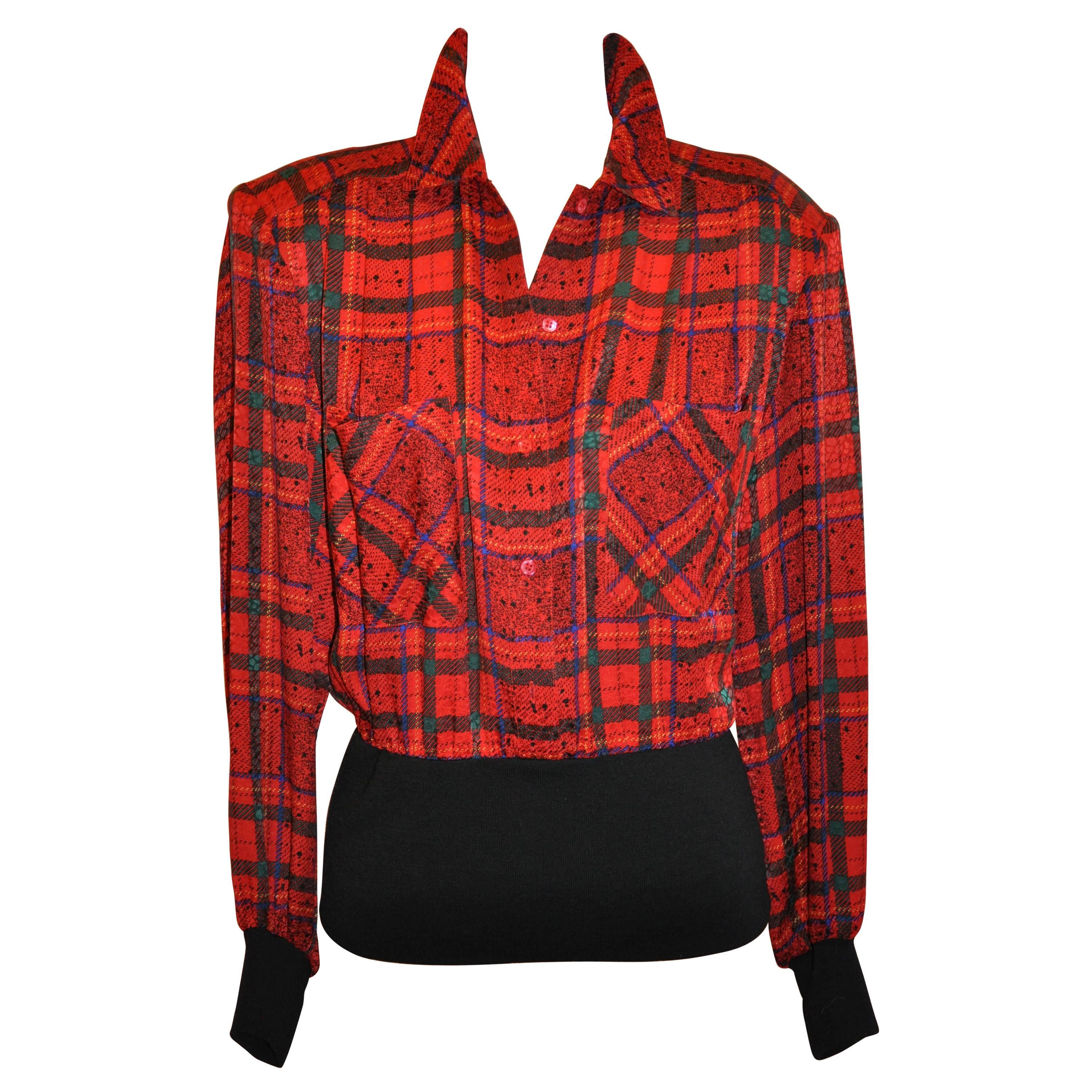 Cardiere et Cie Multi Color Silk Plaid with Wool Jersey Button Pullover
