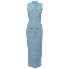 Balmain Blue Denim Buttoned Sleeveless Long Dress