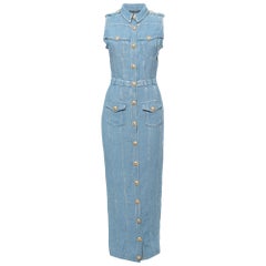 Balmain Blue Denim Buttoned Sleeveless Long Dress 