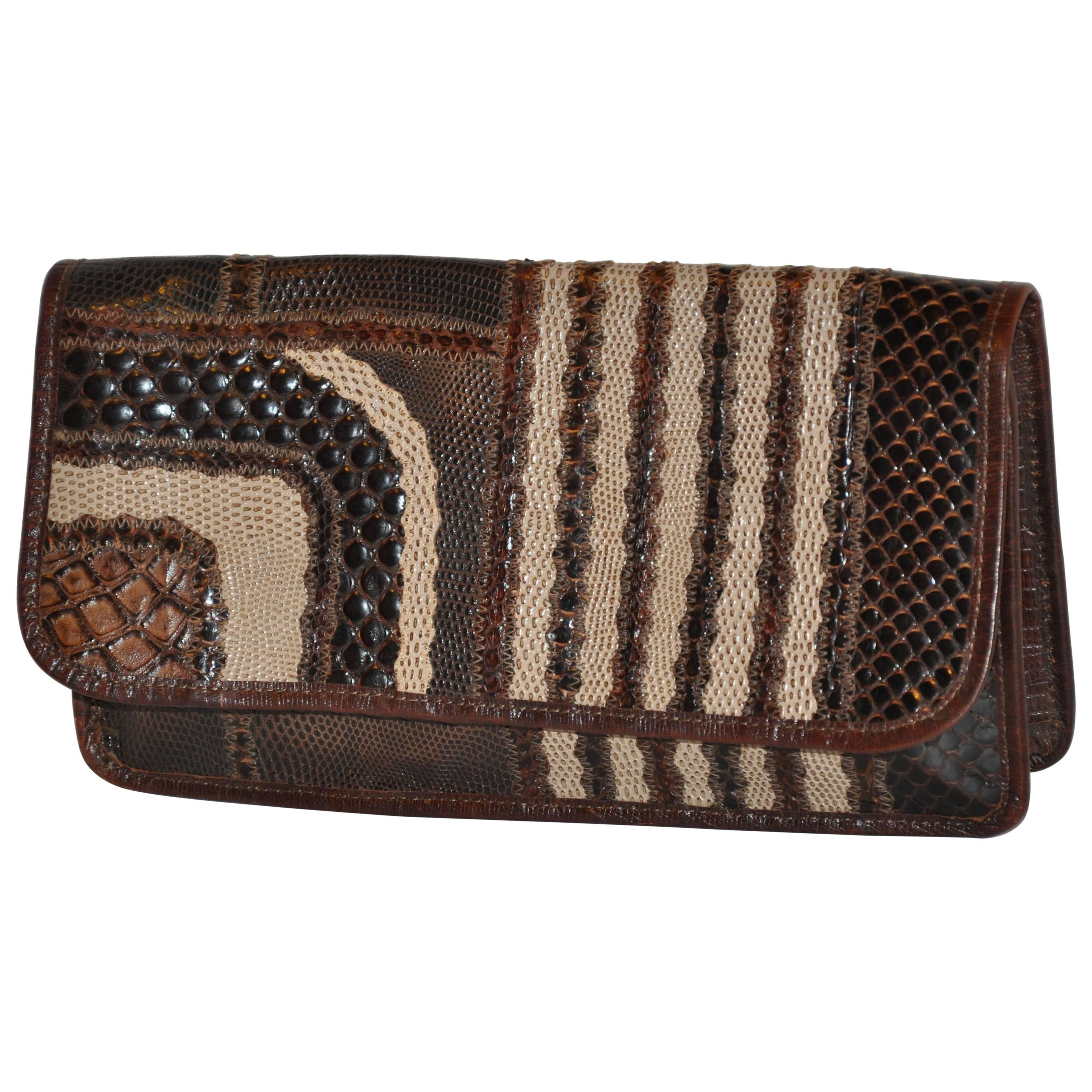 Carlos Falchi Multi-Textured Exotic Skins Coco Brown Clutch For Sale