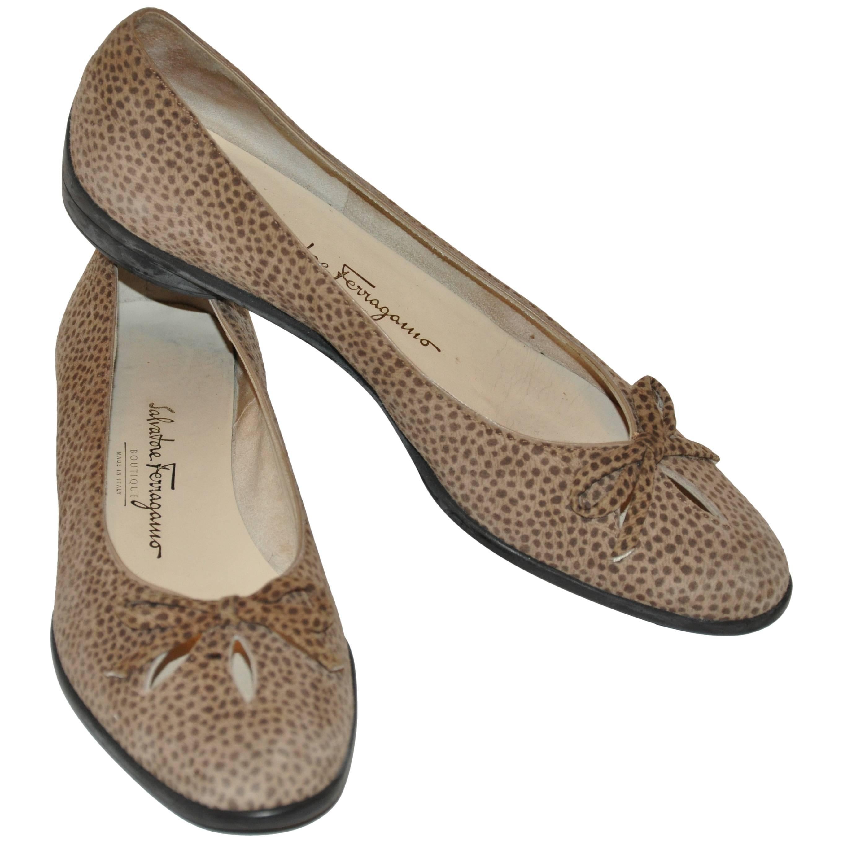 Ferragamo "Boutique" Taupe & Brown Lambskin Suede "Bow" Front Flats