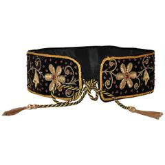 Mary McFadden Handmade Detailed Floral Velvet Fringed Tie Evening Belt