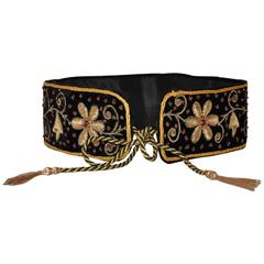 Mary McFadden Handmade Detailed Floral Velvet Fringed Tie Evening Belt 