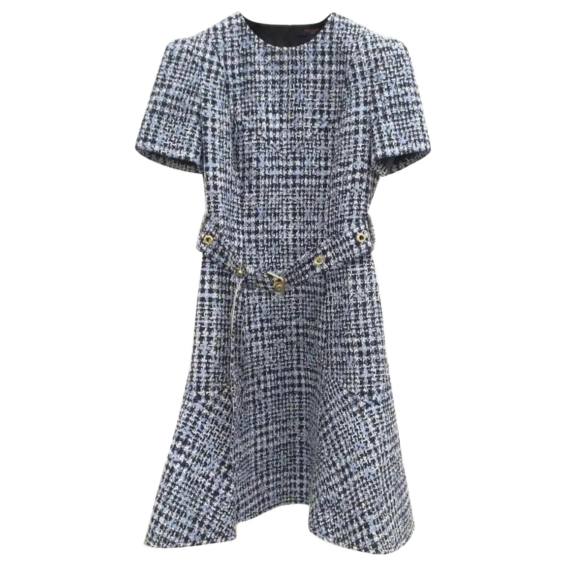 Louis Vuitton Blue Tweed Monogram Belted Dress 