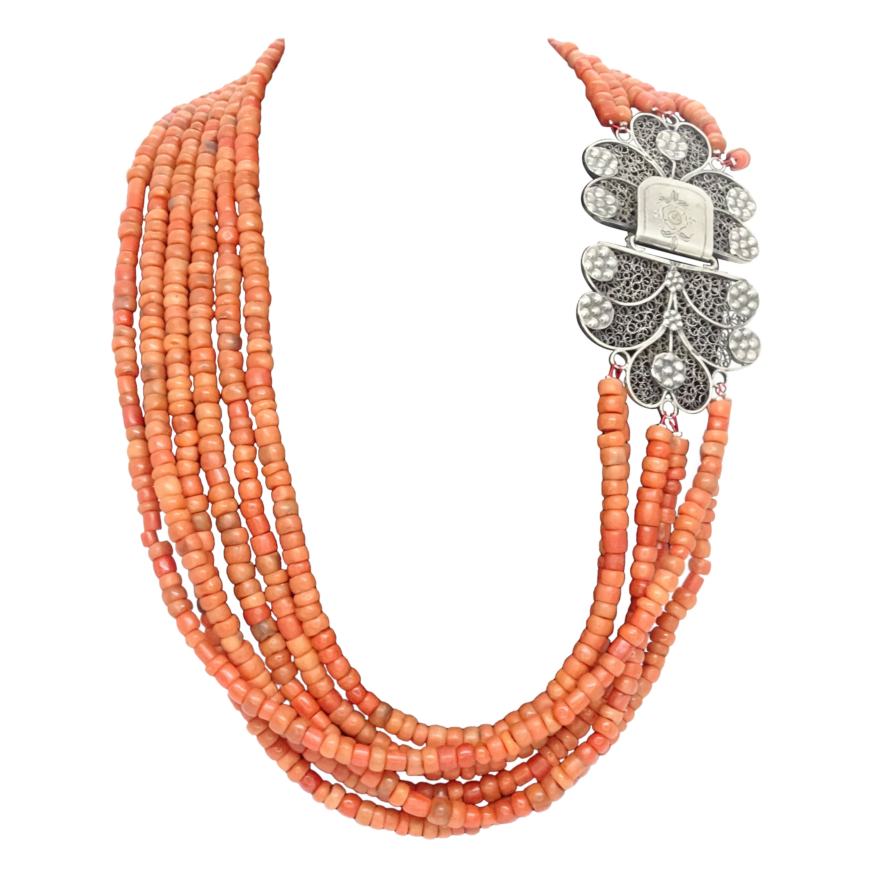 Art Nouveau Red coral necklace, filigree brooch, Dutch silver 835