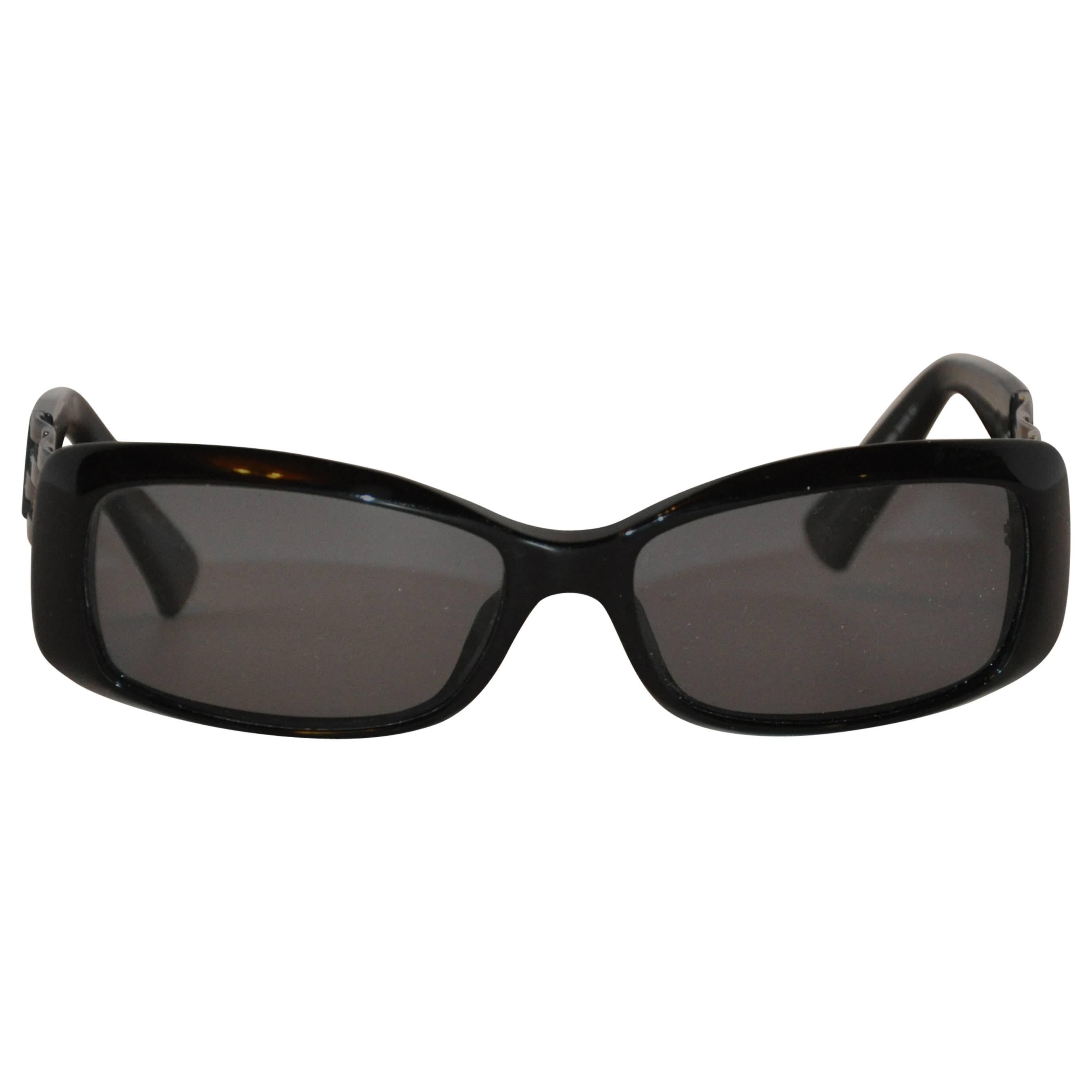 Georgio Armani Thick Black Lucite with Silver "Weave" Hardware Sunglasses For Sale
