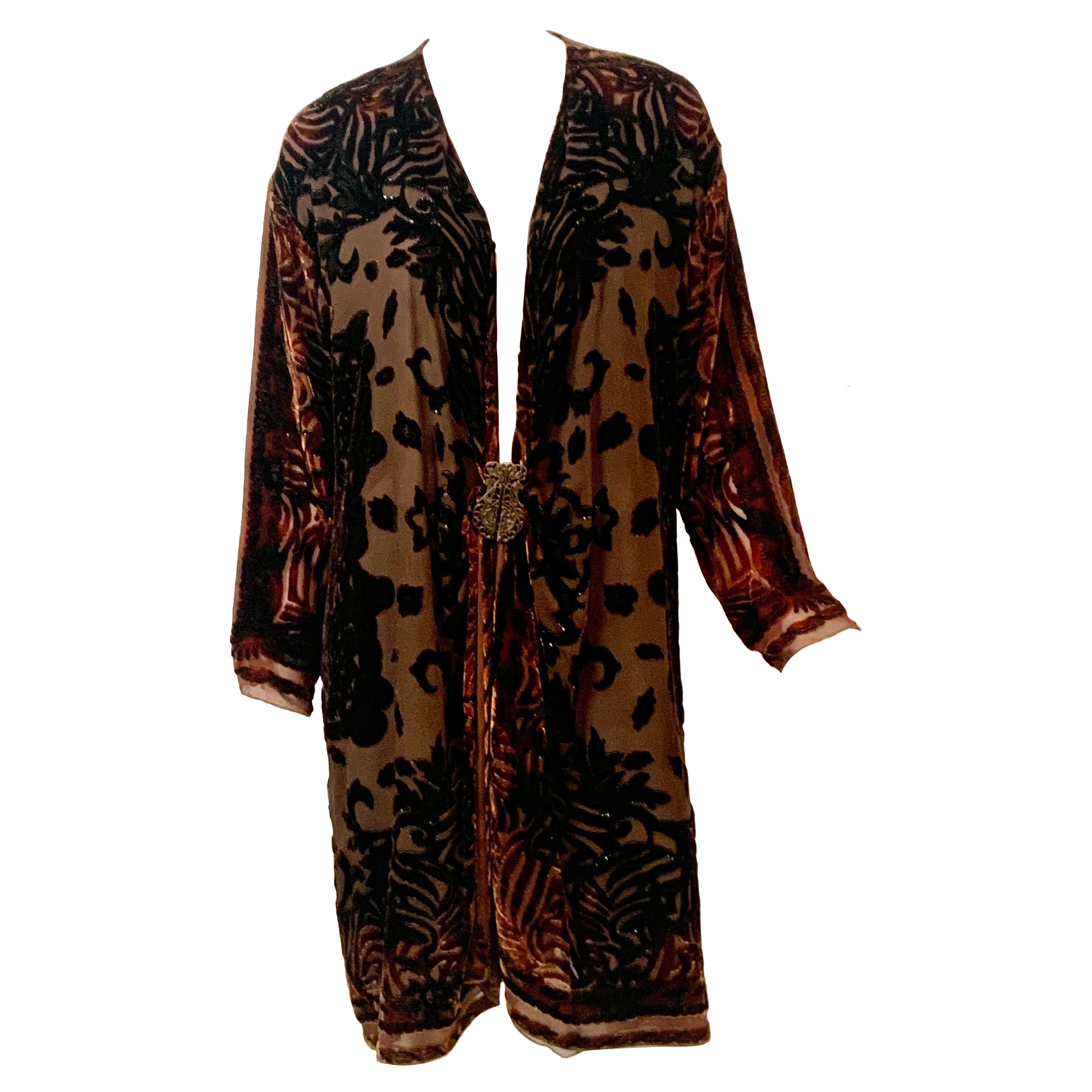Textile Artist Marion Clayden 1970's Chocolate Brown Devore Velvet Coat or Dress For Sale