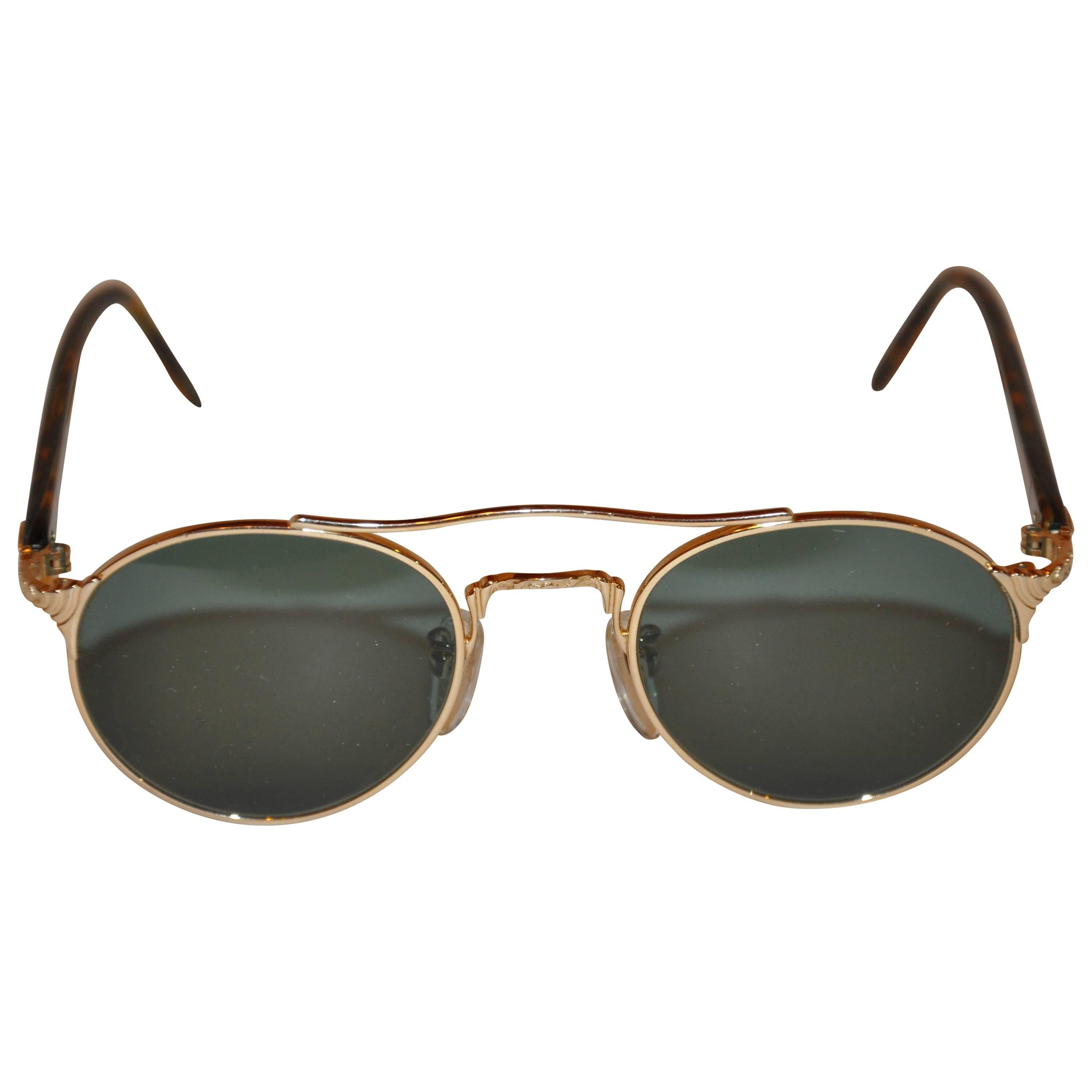 Kansai Yamamoto Detailed Etched Gilded Gold Hardware Sunglasses For Sale