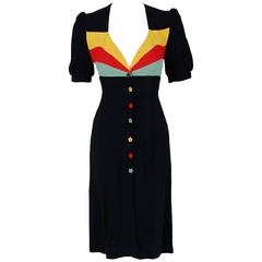 Retro 1970's Ossie Clark Traffic-Light Block Color Moss-Crepe Puff Sleeve Dress