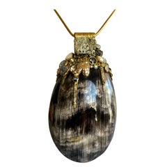 French Ella K Diamante, Blister Pearl, and Fools Gold Shell Pendant Necklace 