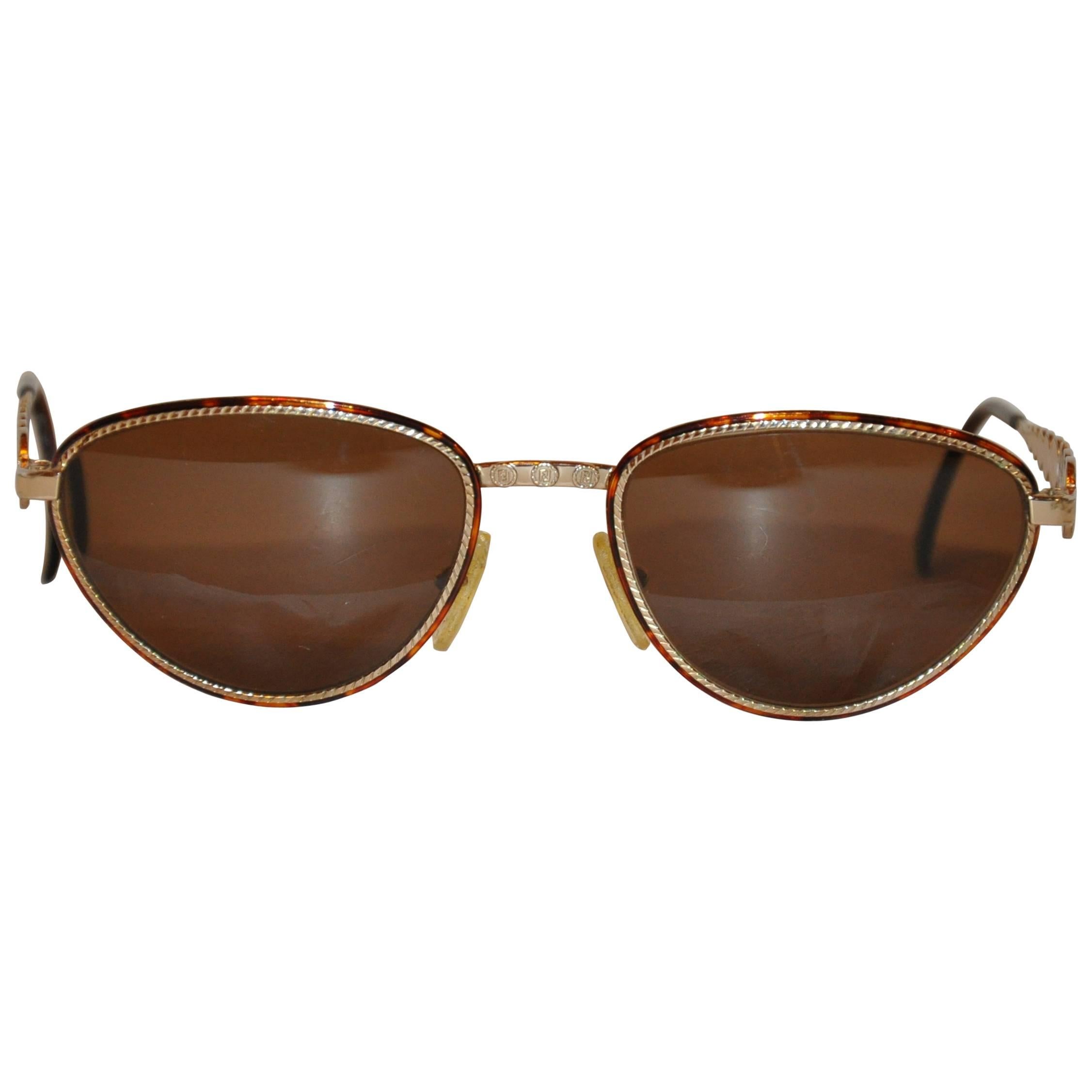 Fendi Rare "Horoscope Characters" Etched Gold Hardware Sunglasses For Sale