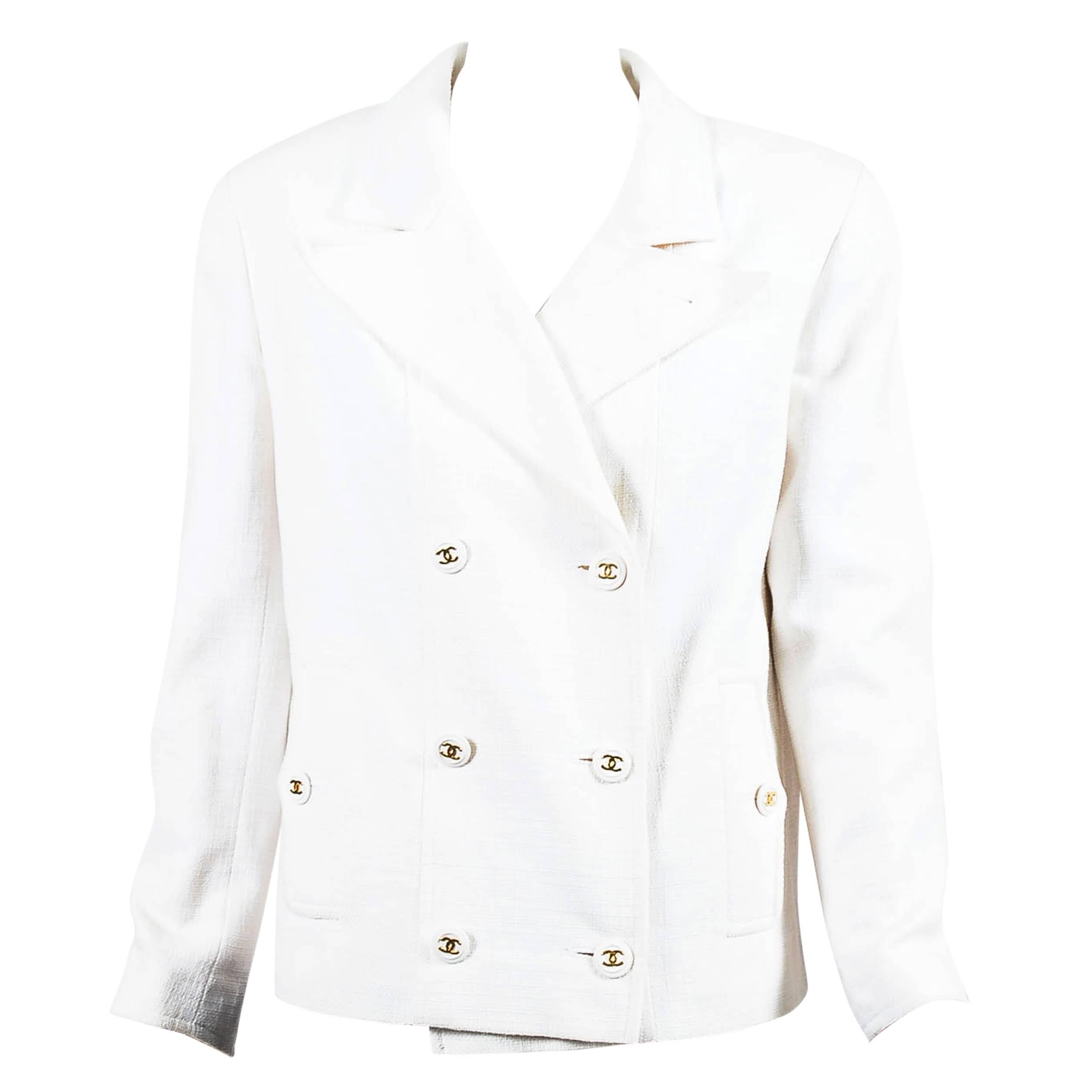 Chanel 94C White Textured Cotton Double Breasted Blazer Jacket SZ 40 For Sale