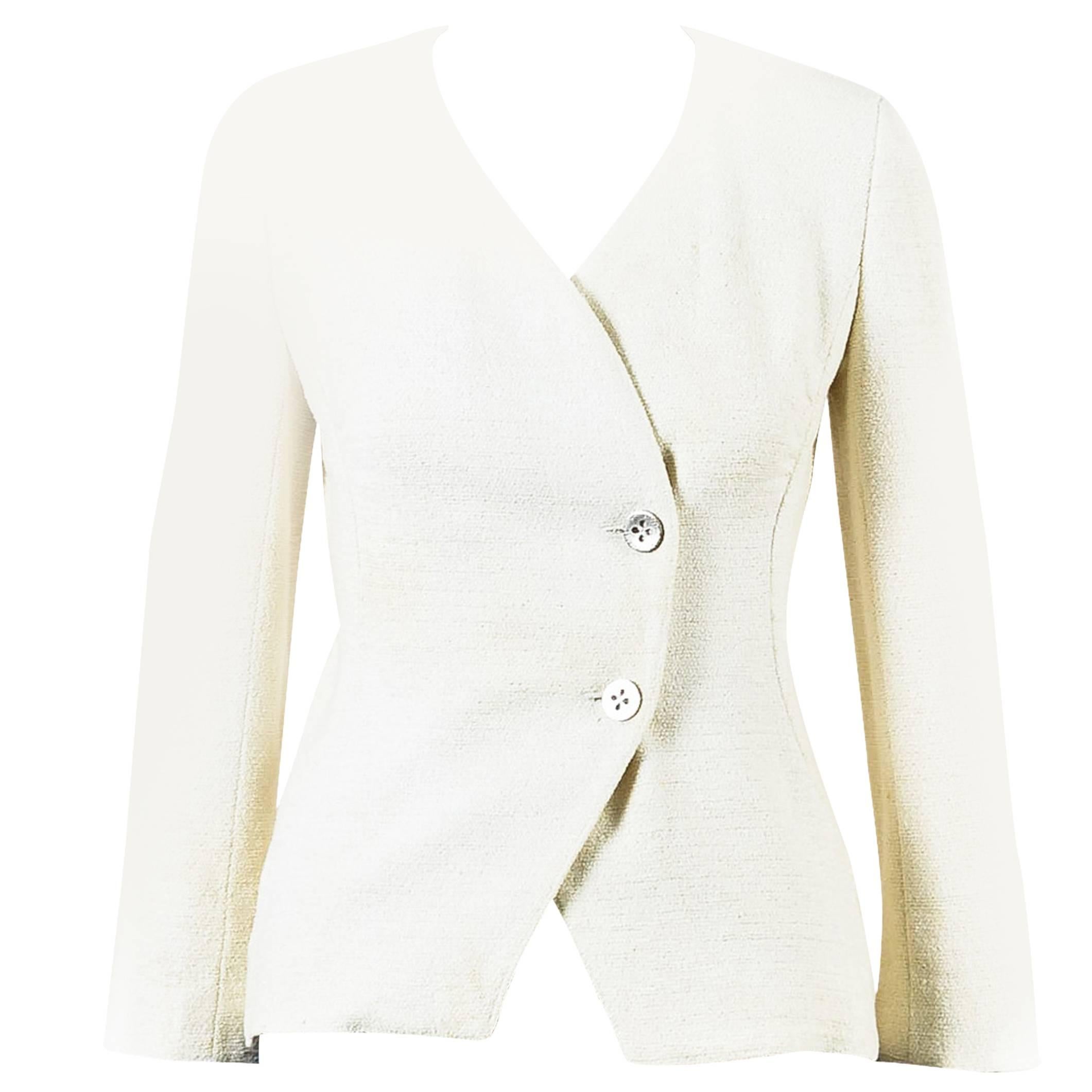 Chanel 00T Cream Cotton Tweed Collarless Two Button Blazer Jacket Size 36 For Sale