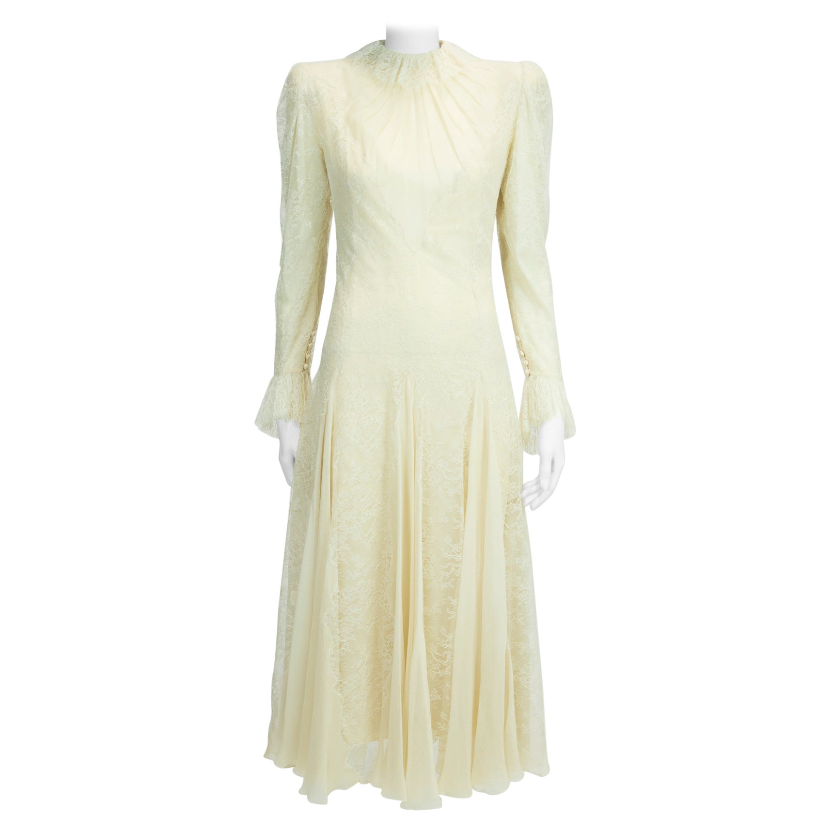 Exquisite Jean Louis Scherrer Couture Silk Chiffon & Lace-Trimmed Dress For Sale