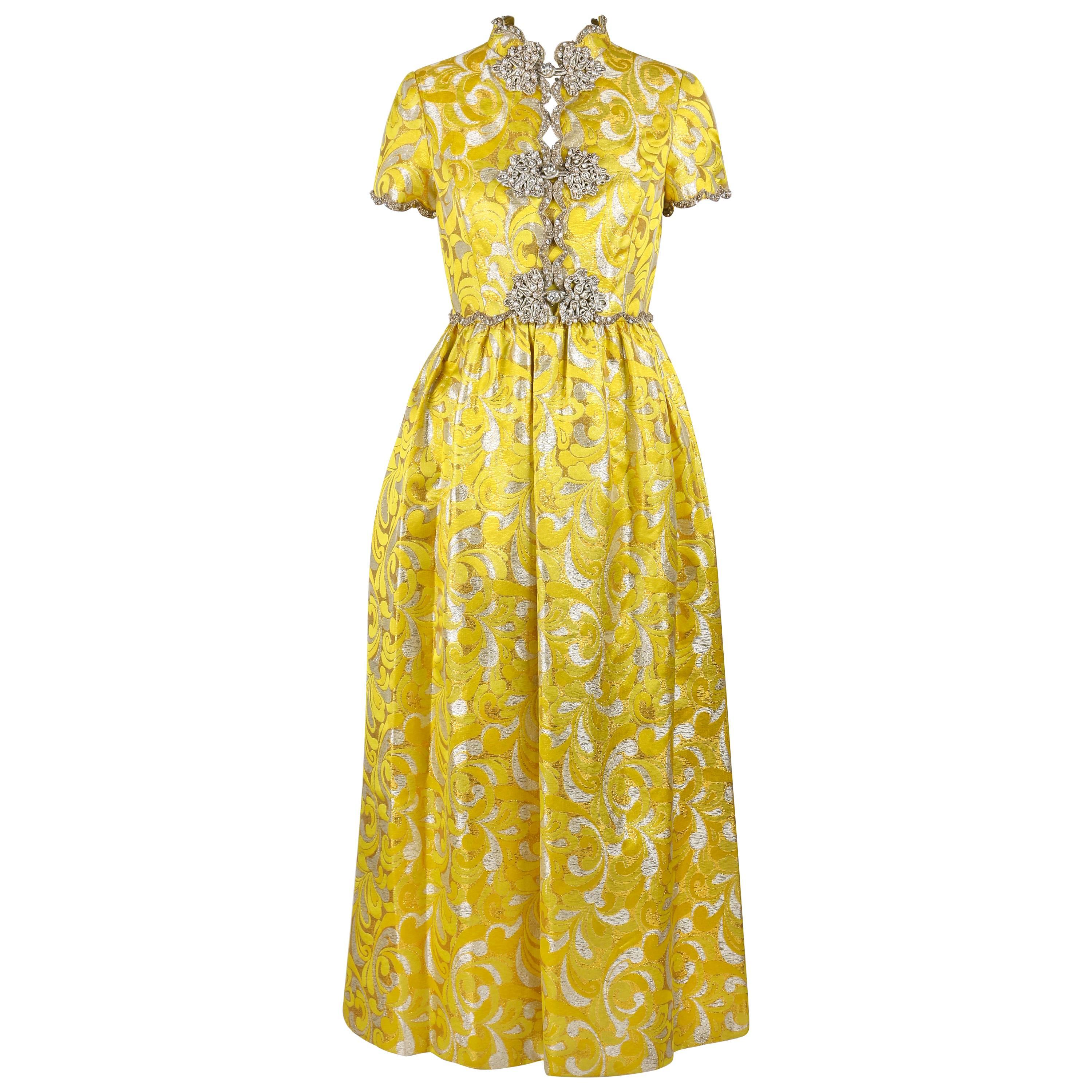 OSCAR de la RENTA c.1968 Yellow Lurex Brocade Silk Beaded Evening Gown Dress