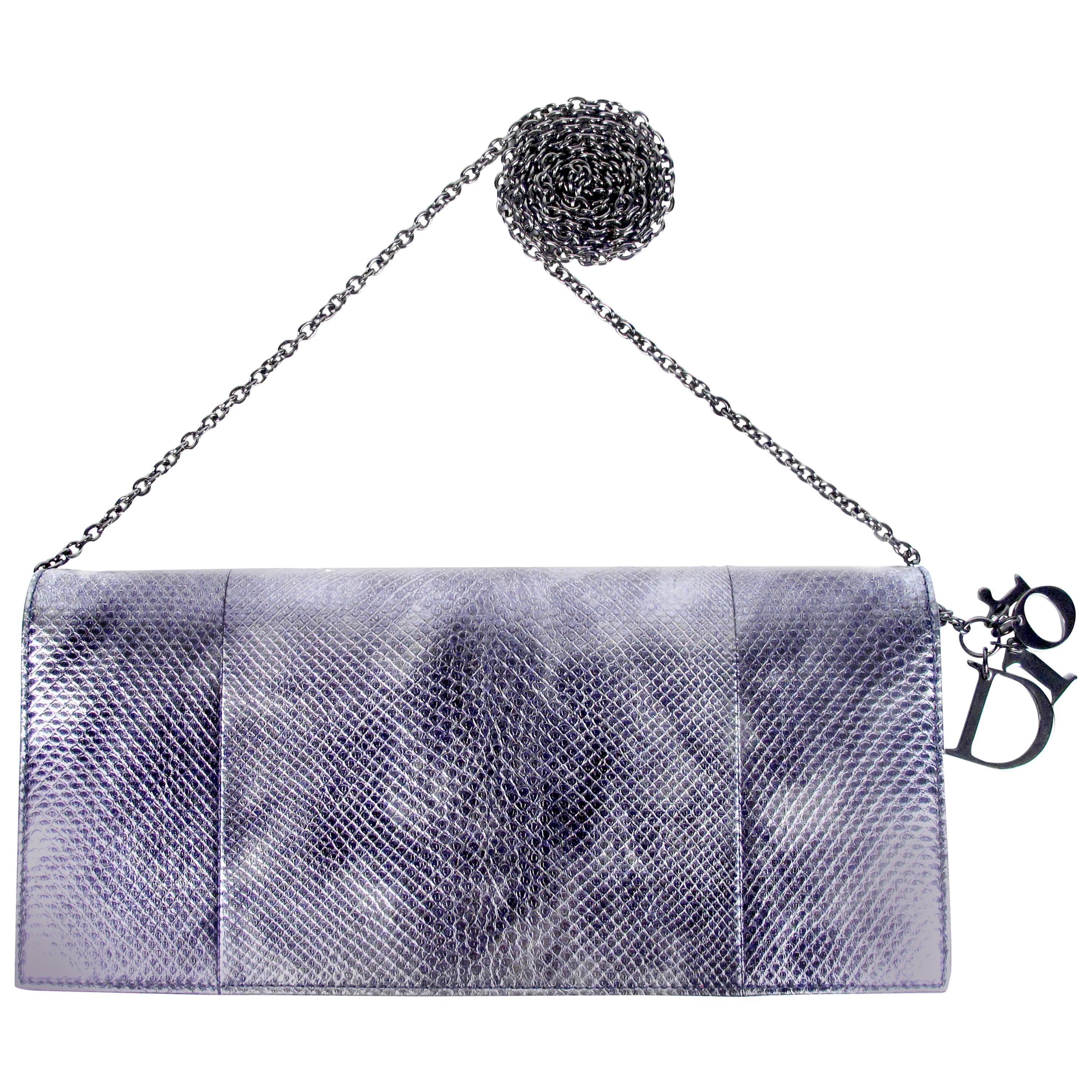 Dior Crossbody Bag - Silver Leather Embossed Snake Chain Charm Flap Handbag For Sale