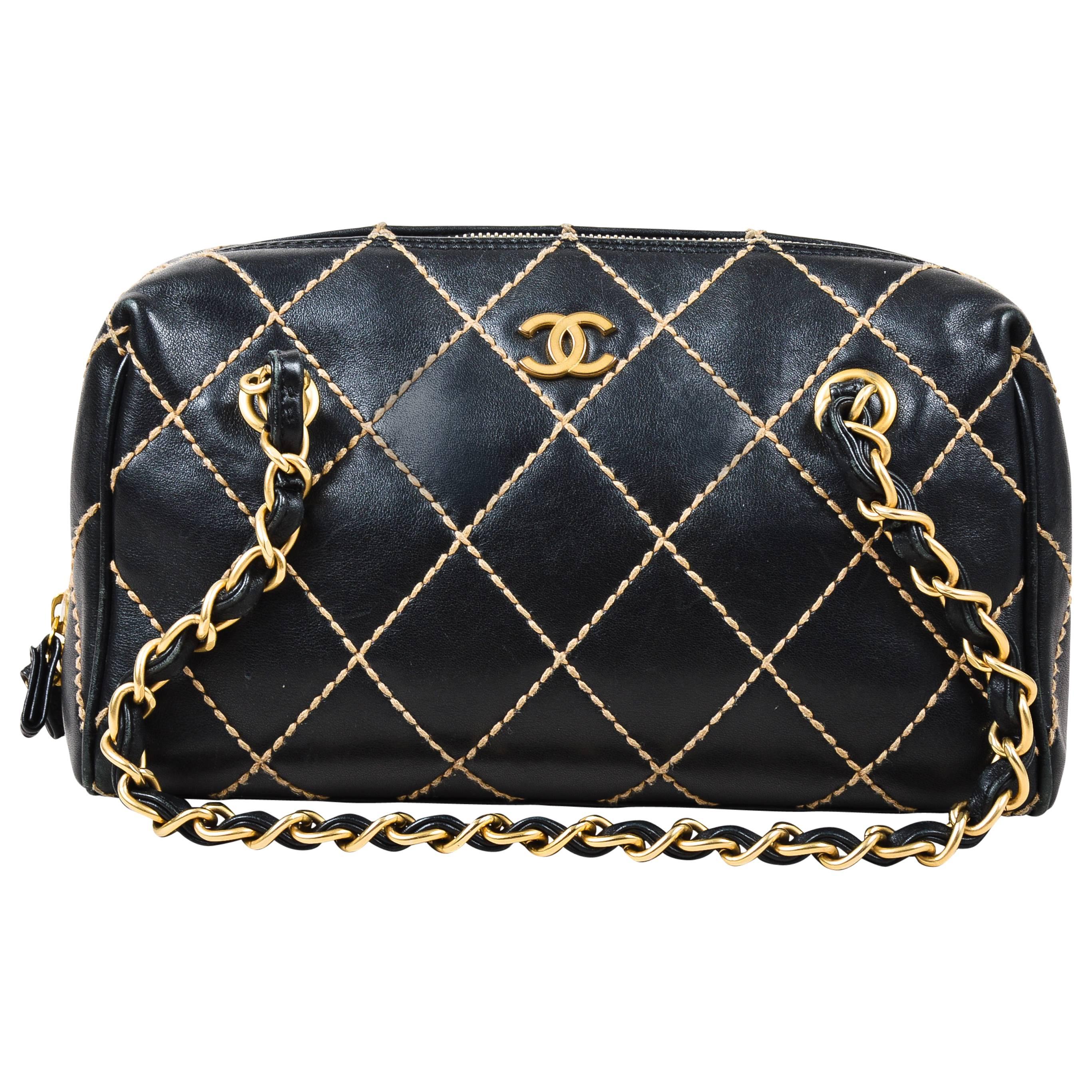 Chanel Black Beige Leather Quilted "Wild Stitch" Small Shoulder Bag For Sale