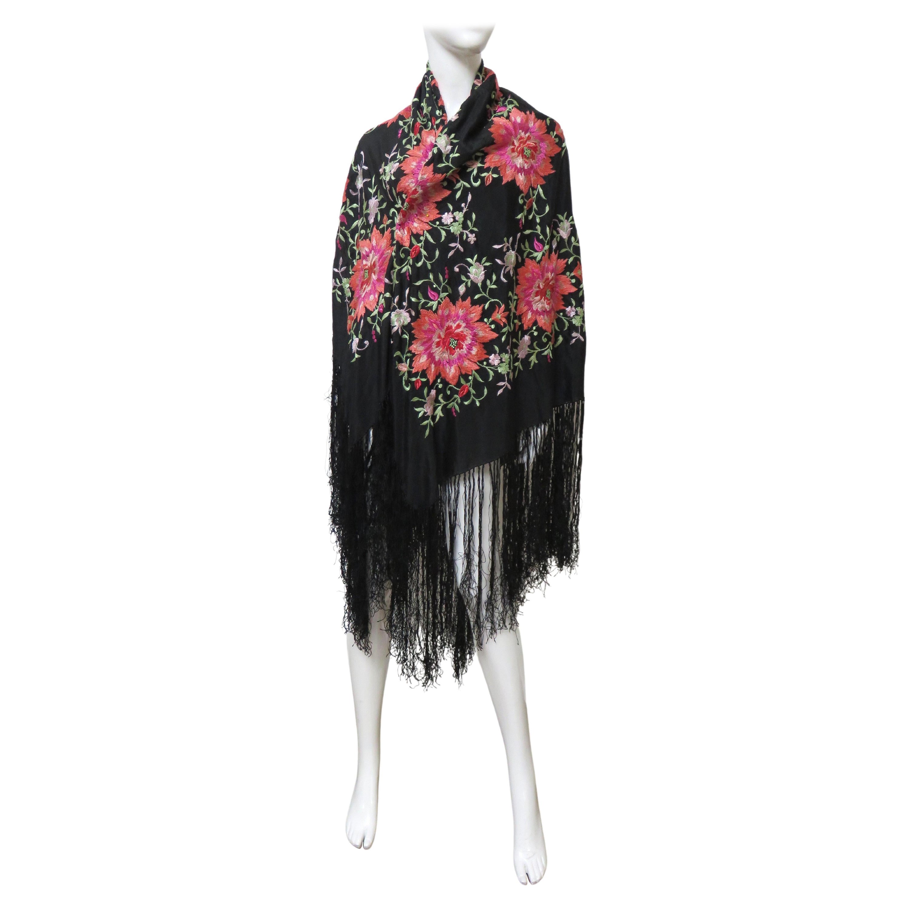 1920s Silk Flower Embroidered Piano Shawl For Sale