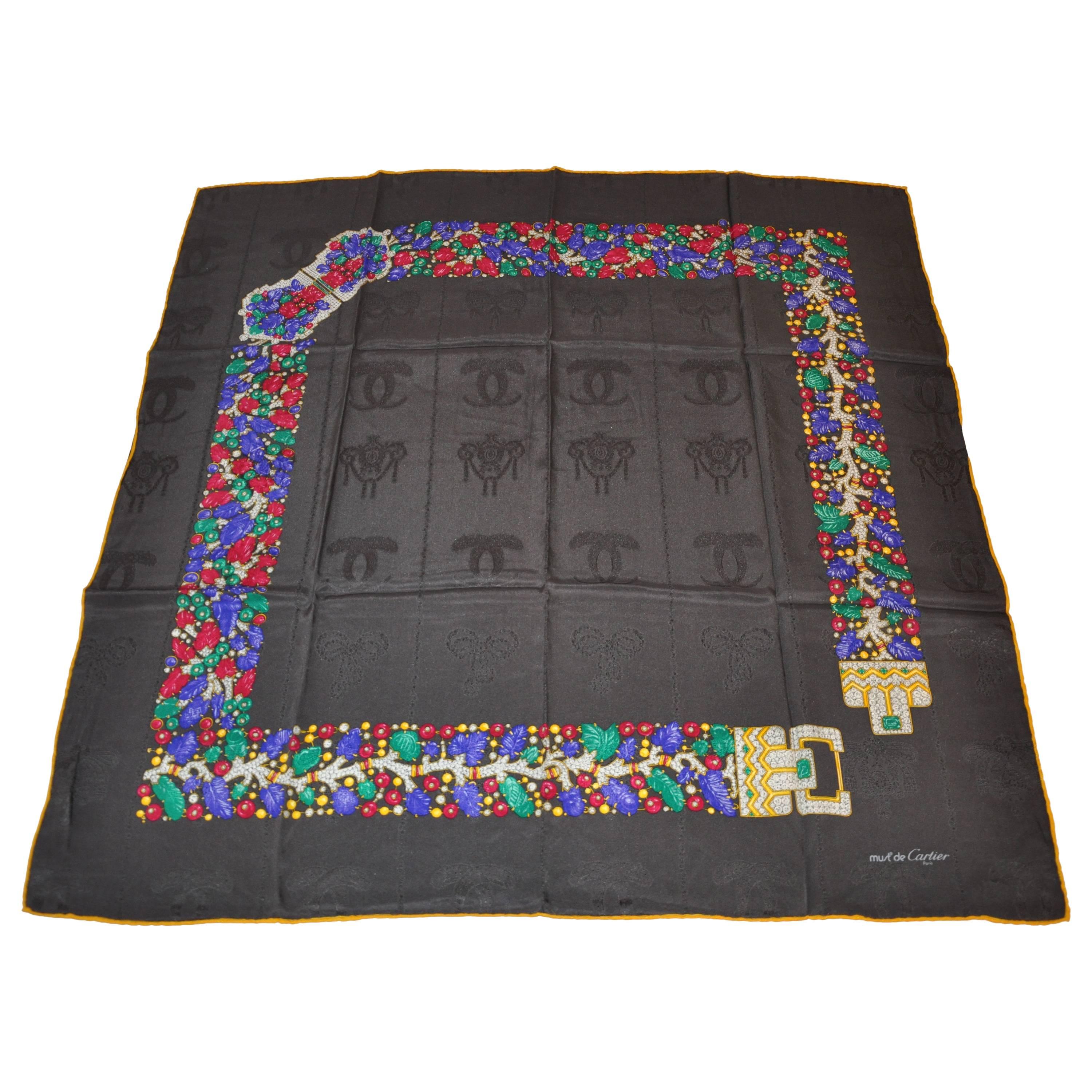 Cartier Charcoal with Multi-Color "Multi-Jewels" Silk Crepe di Chine Scarf For Sale