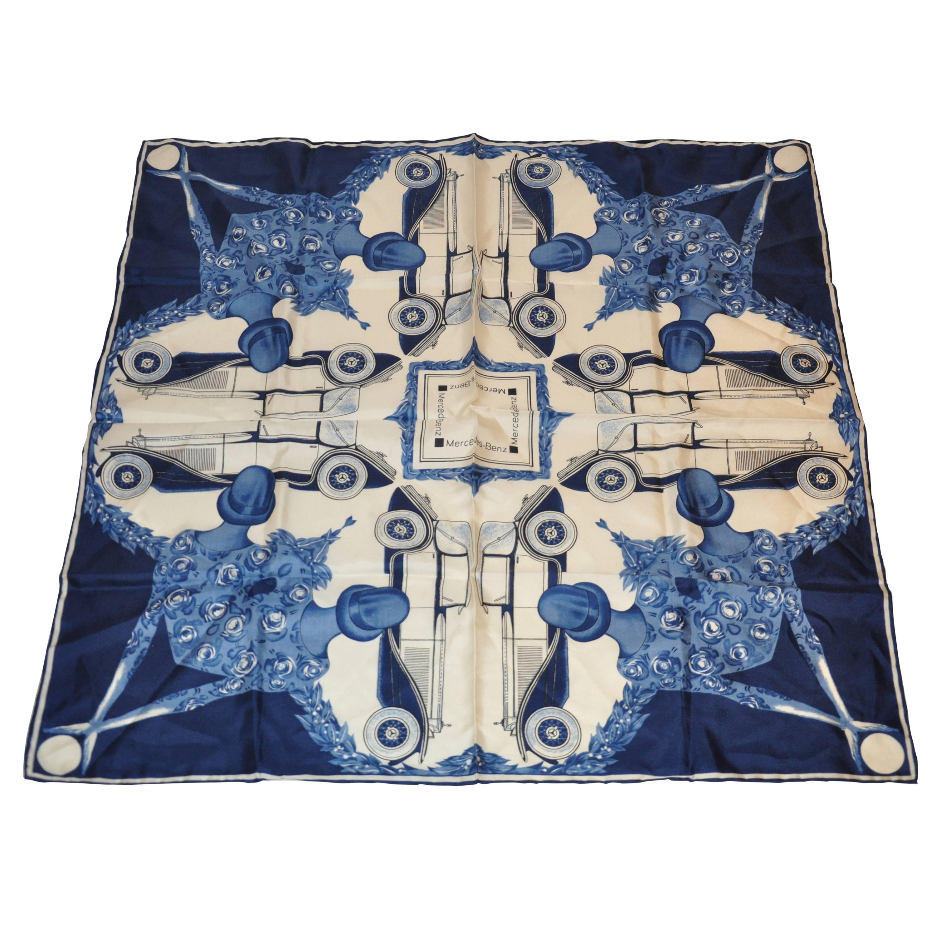 Mercedes Benz Navy & Cream "Ladies and Cars" Silk Scarf For Sale