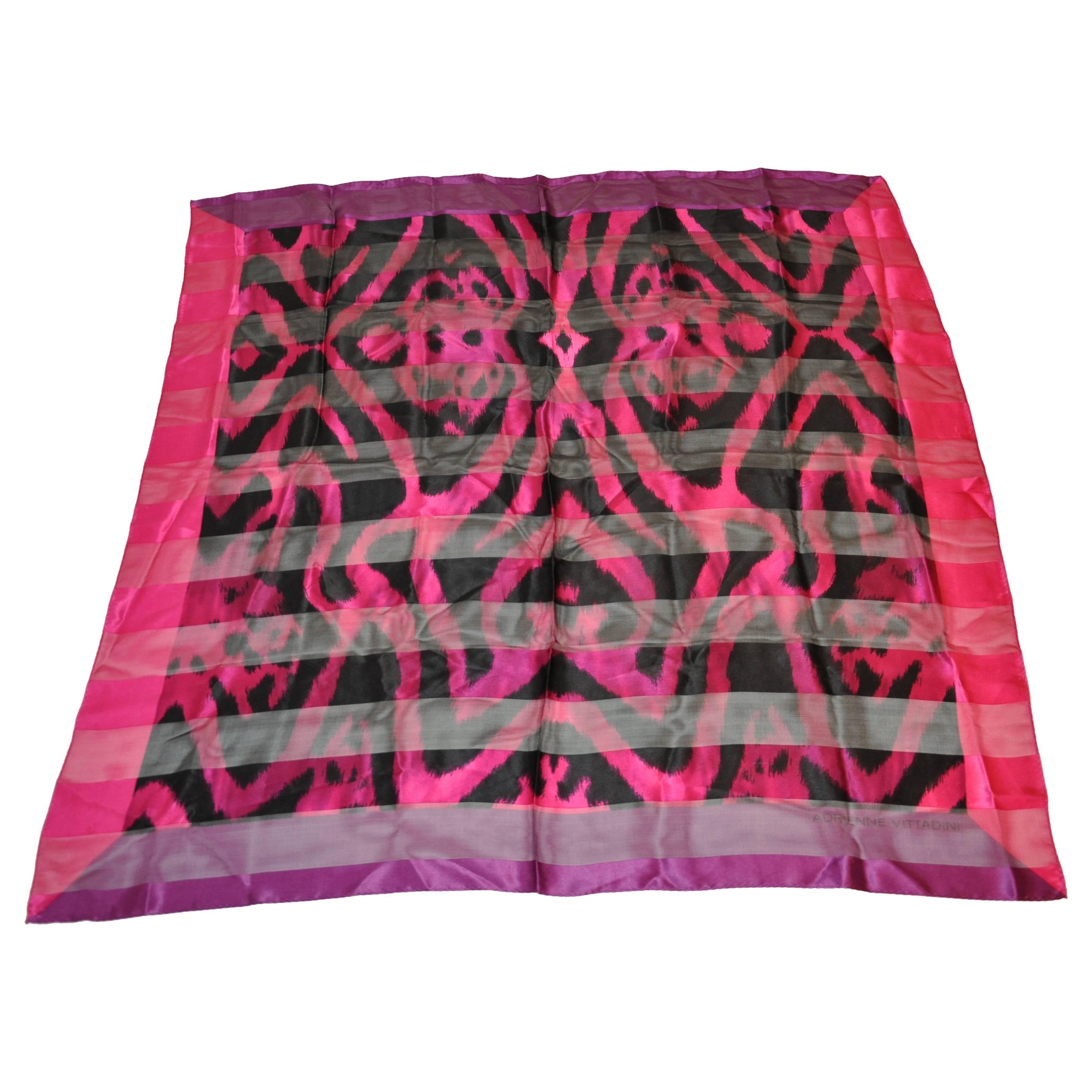 Adrienne Vittadini Multi-Shades of Fuchsia & Black Silk & Chiffon Scarf For Sale