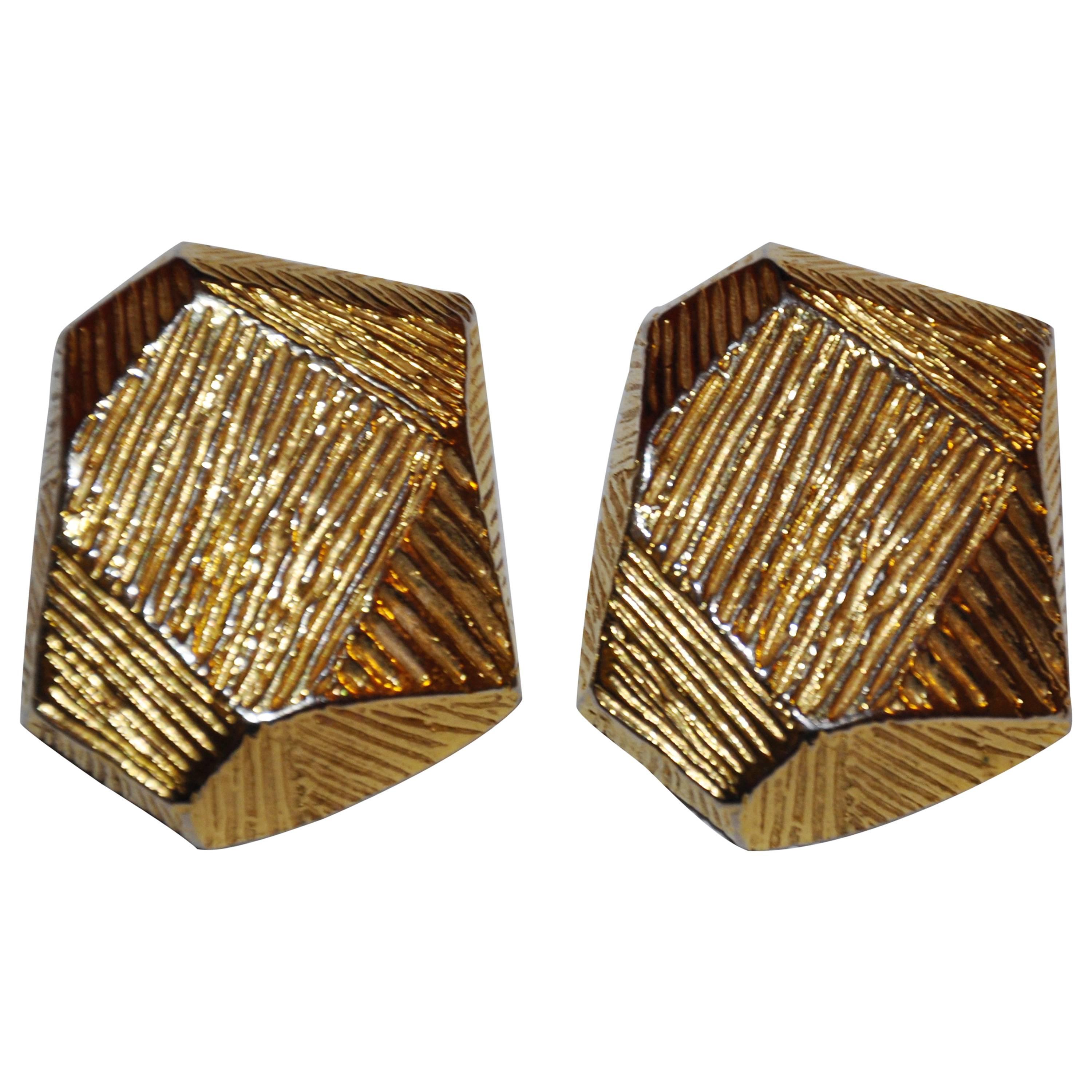 Yves Saint Laurent Gilded Gold Tone Abstract Shape Clip On Earrings For Sale