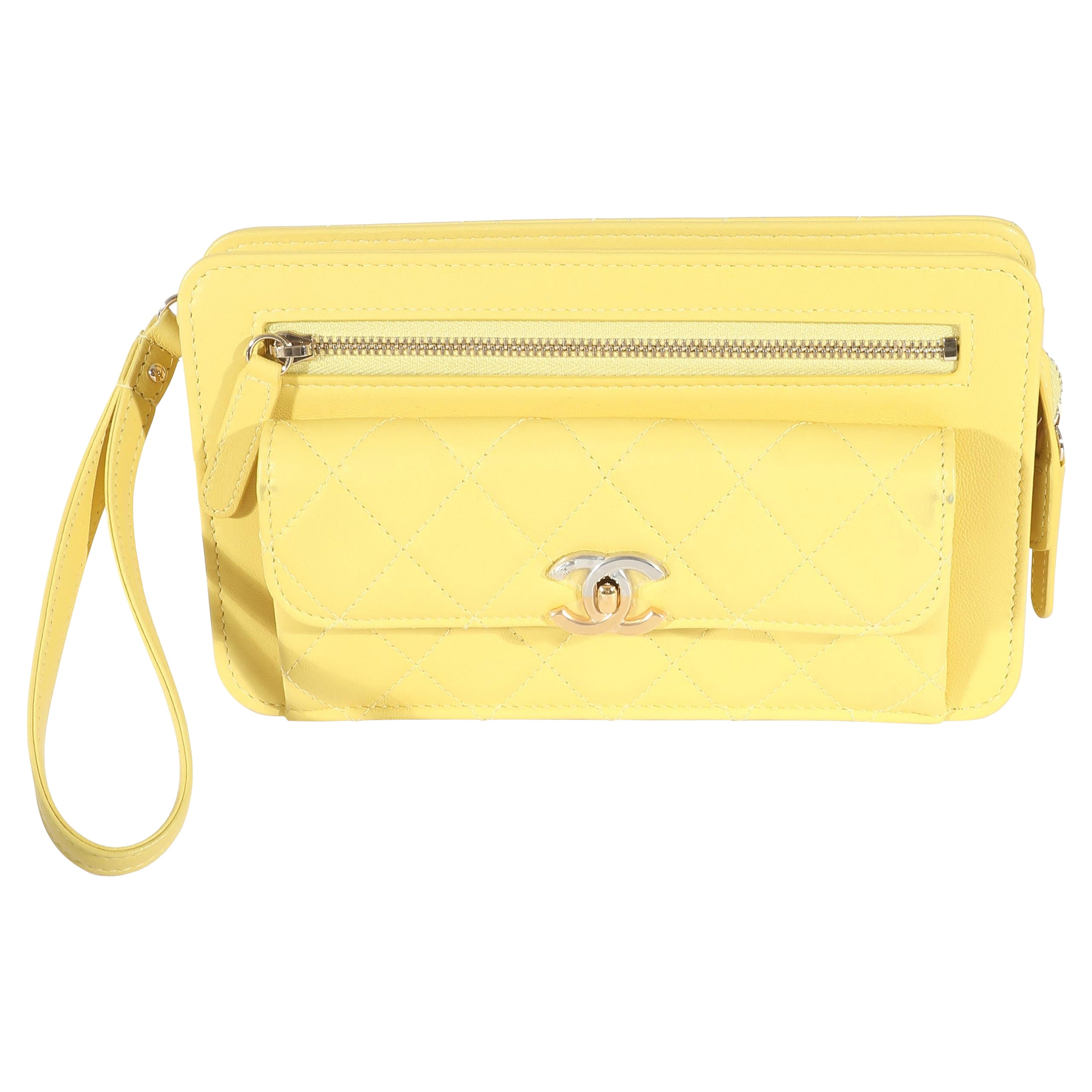 Chanel Yellow Lambskin Quilted Front Pocket Wristlet For Sale