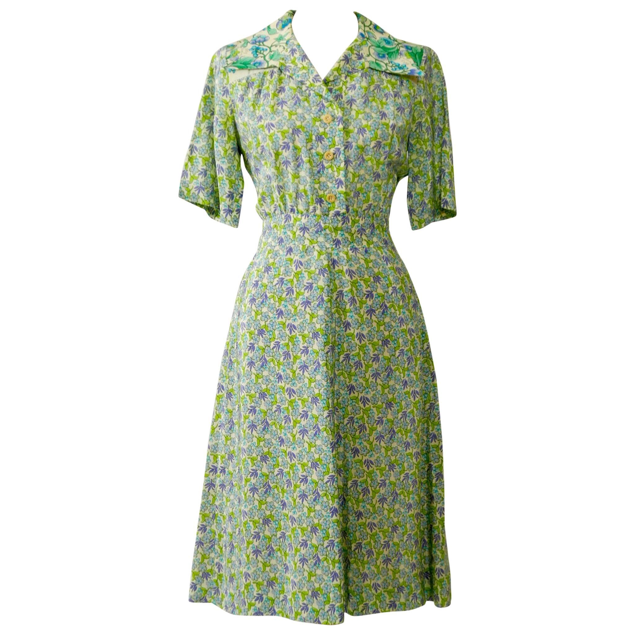 1970s OLEG CASSINI Green Floral Print Dress