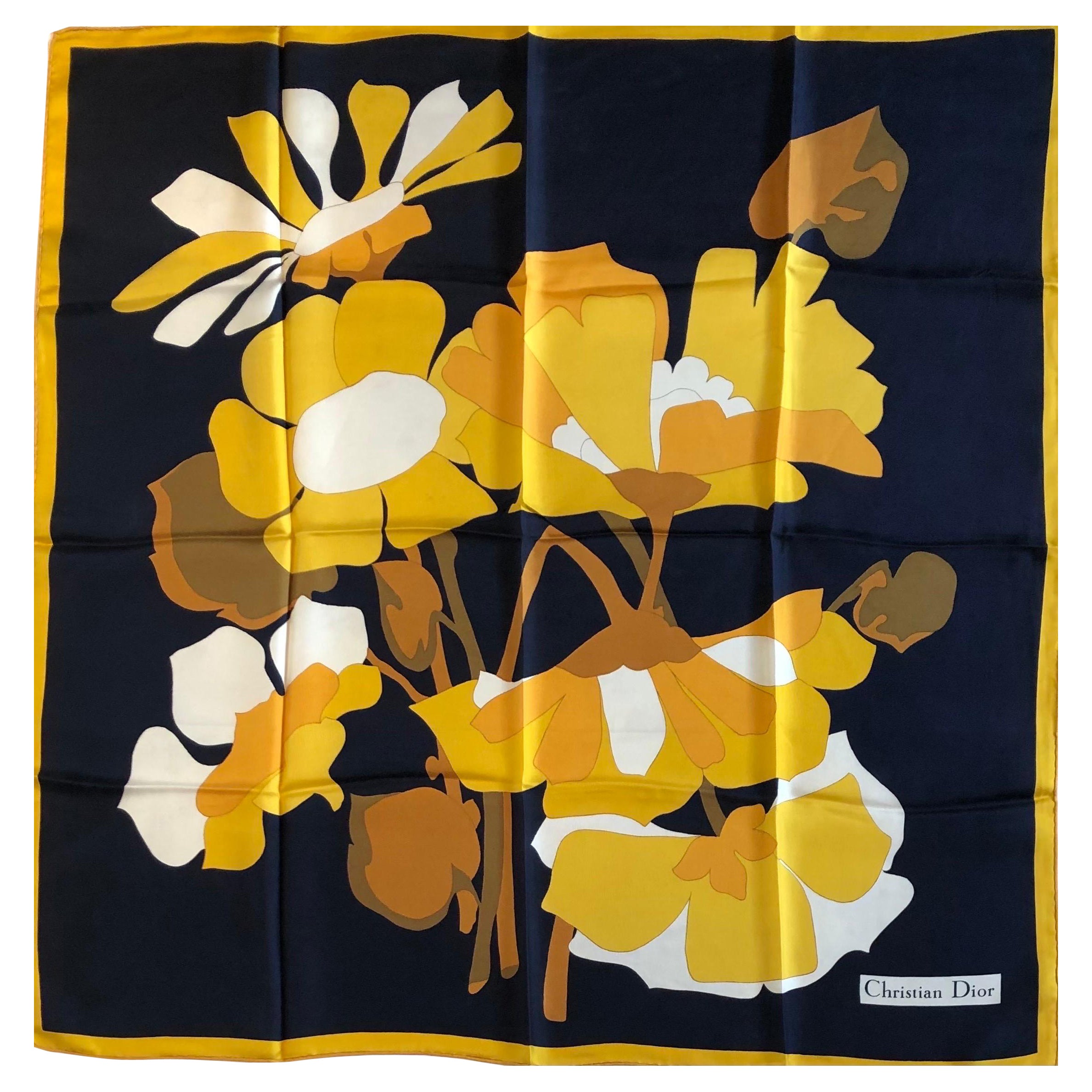 1970s CHRISTIAN DIOR Flower Bouquets Multi Silk Scarf Navy Gold Vintage