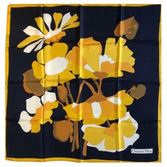 1970s CHRISTIAN DIOR Flower Bouquets Multi Silk Scarf Navy Gold Vintage