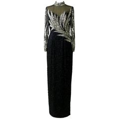 1980s KATHRYN CONOVER Black Sequins and Beadeds Embroidered Long Evening Dress