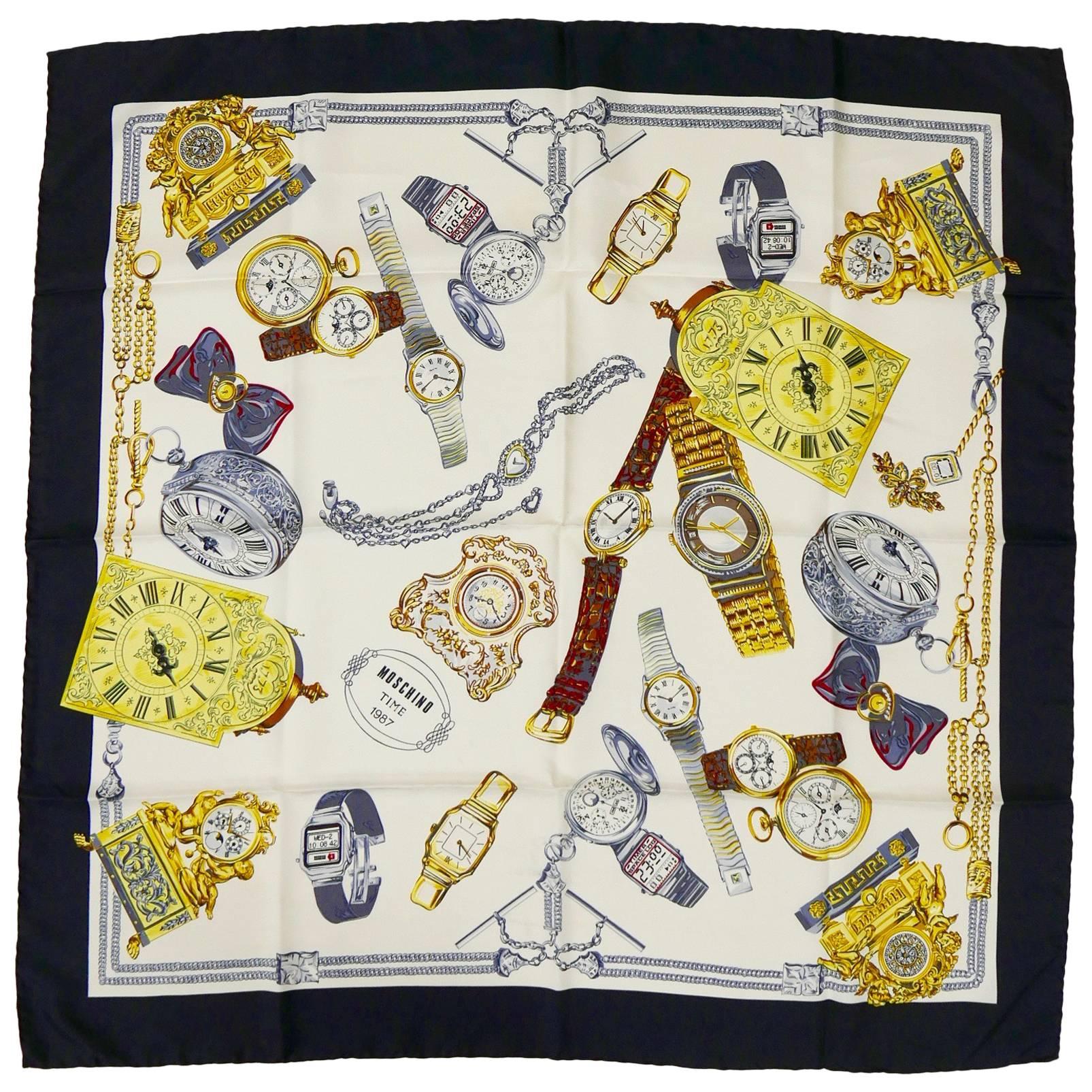 1980s MOSCHINO Time Novelty Print  Silk Scarf