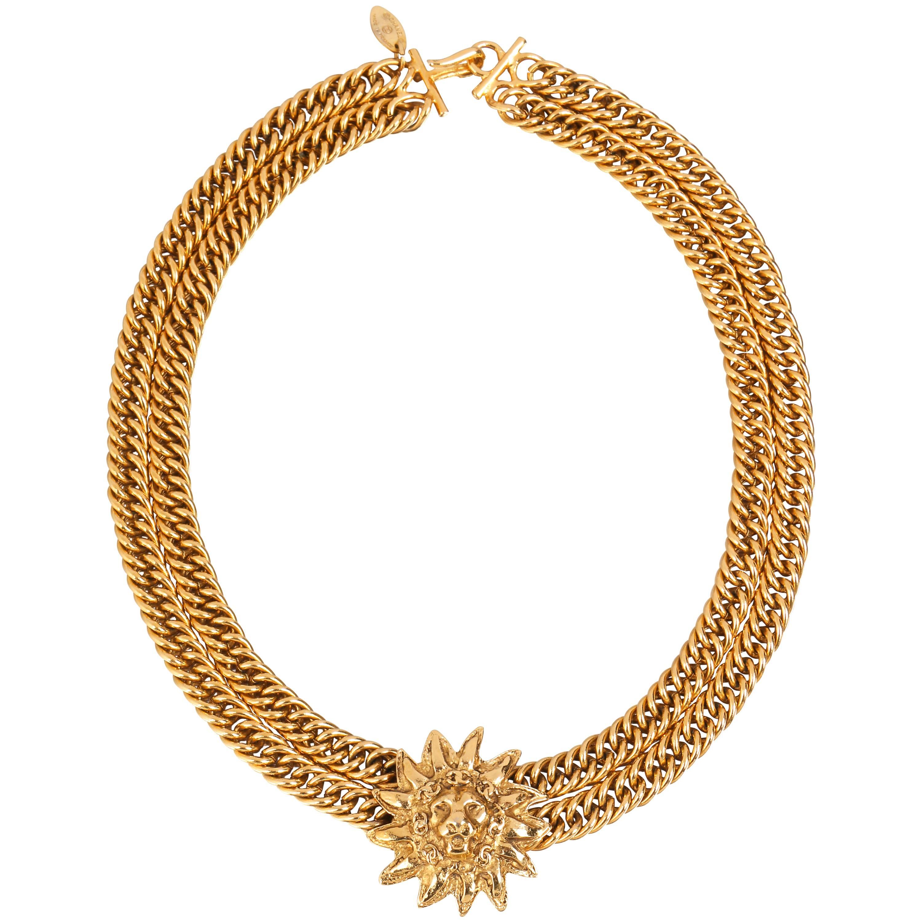 CHANEL 1980s CC Gold France Logo Lion Leo Sun Pendant Chunky Curb Chain Necklace