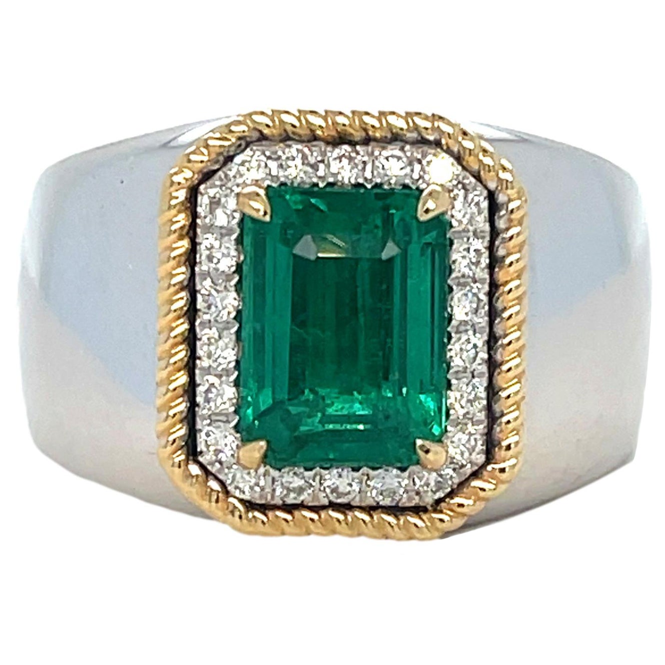 Men's Zambian Emerald and Diamond Two Tone 14KYW Gold Ring For Sale