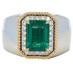 Vintage Men's Zambian Emerald and Diamond Two Tone 14KYW Gold Ring