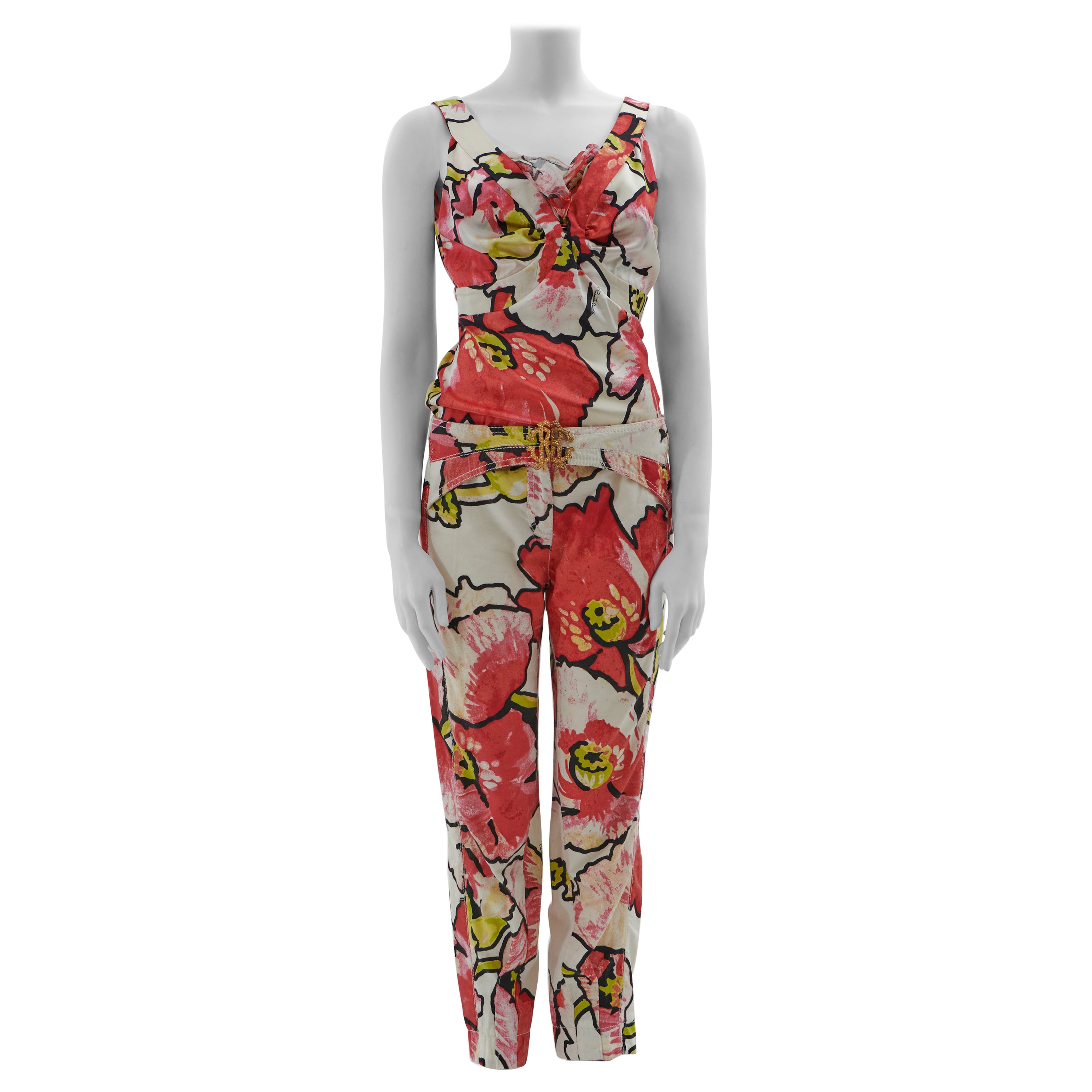 Roberto Cavalli S/S 2005 Red floral print pants set  For Sale