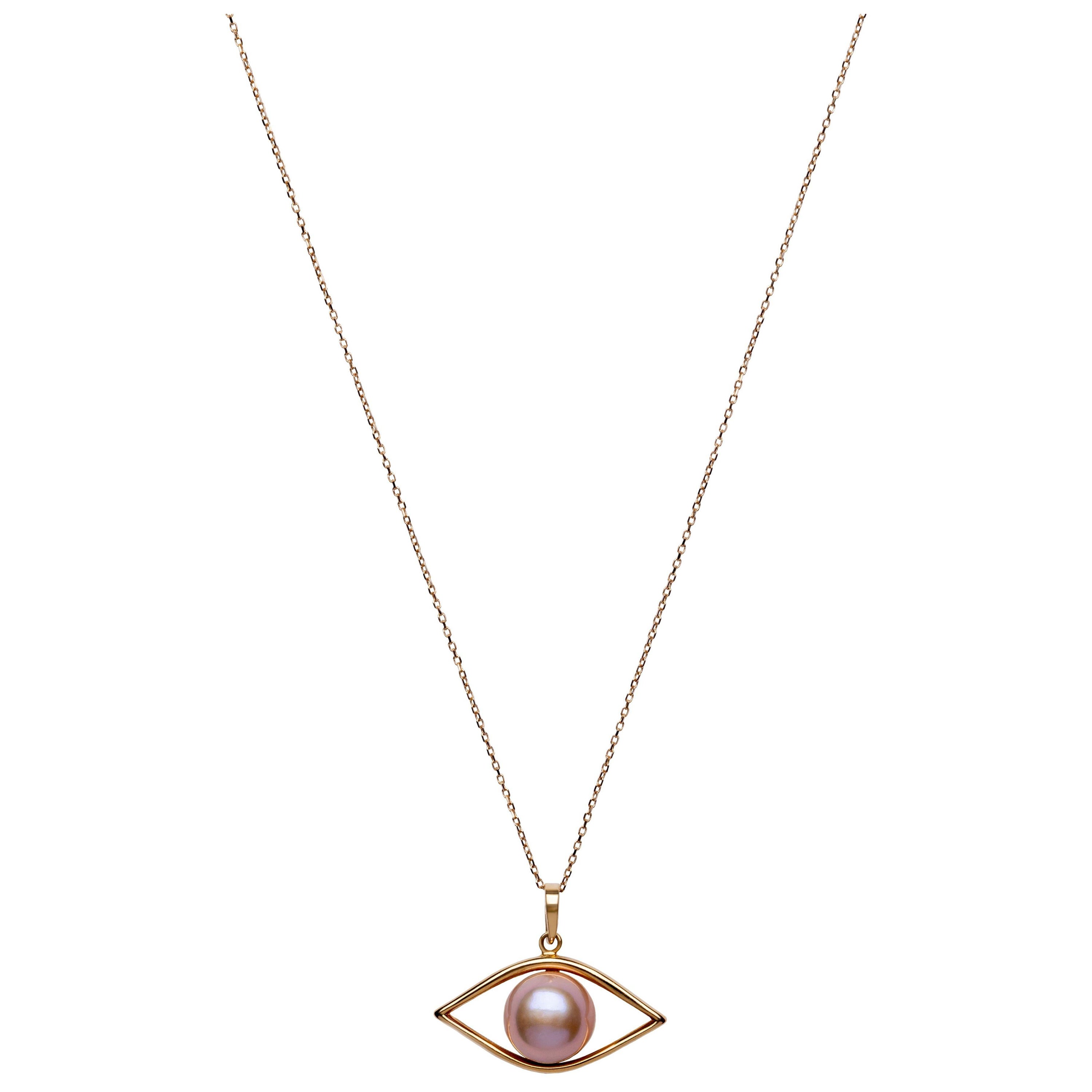 Freshwater Pearl Evil Eye Pendant Necklace with Solid Gold Chain For Sale