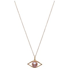 Freshwater Pearl Evil Eye Pendant Necklace with Solid Gold Chain