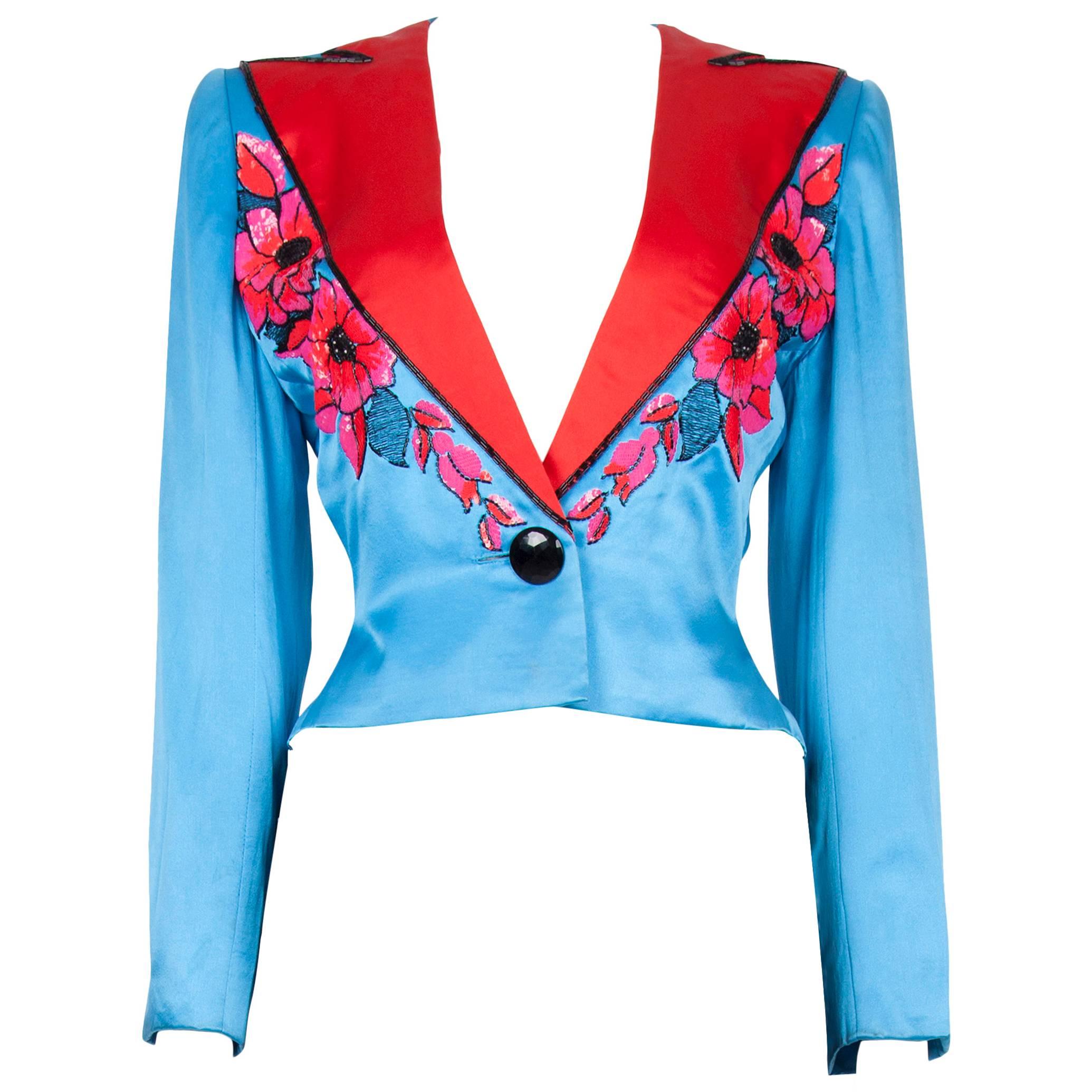 S/S 1983 Dior Couture Turquoise Satin Jacket Pink & Red Sequinned Embroidery For Sale