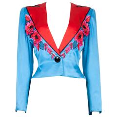 S/S 1983 Dior Couture Turquoise Satin Jacket Pink & Red Sequinned Embroidery