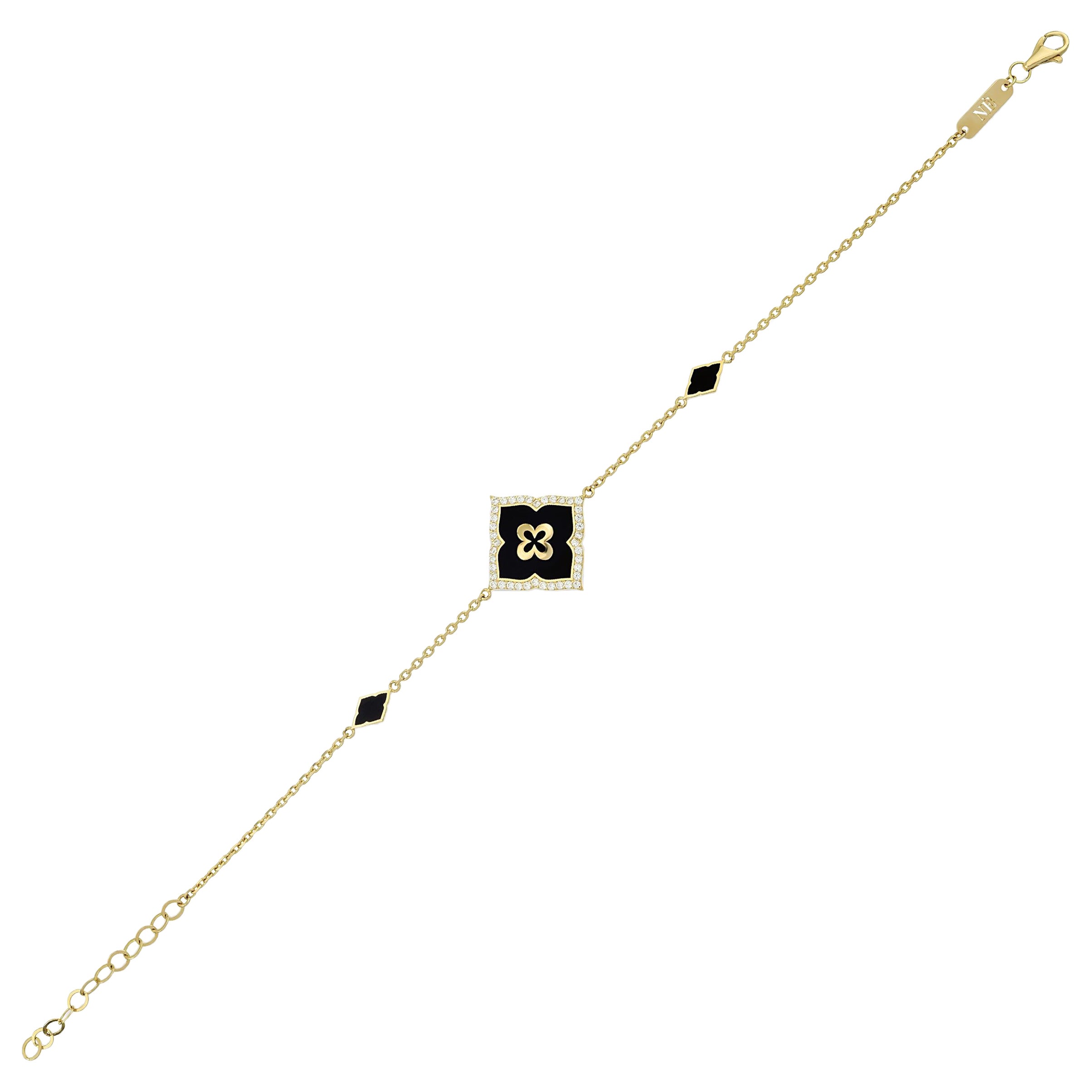Solid Gold Diamond Bracelet with Black Fire Enamel Detailing For Sale