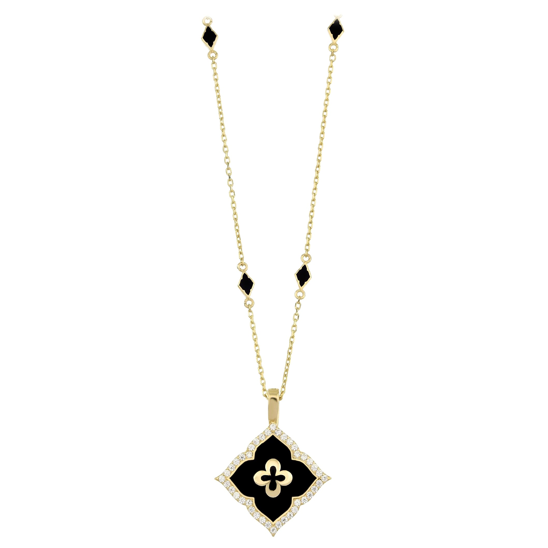 Solid Gold Diamond Necklace with Black Fire Enamel Detailing For Sale