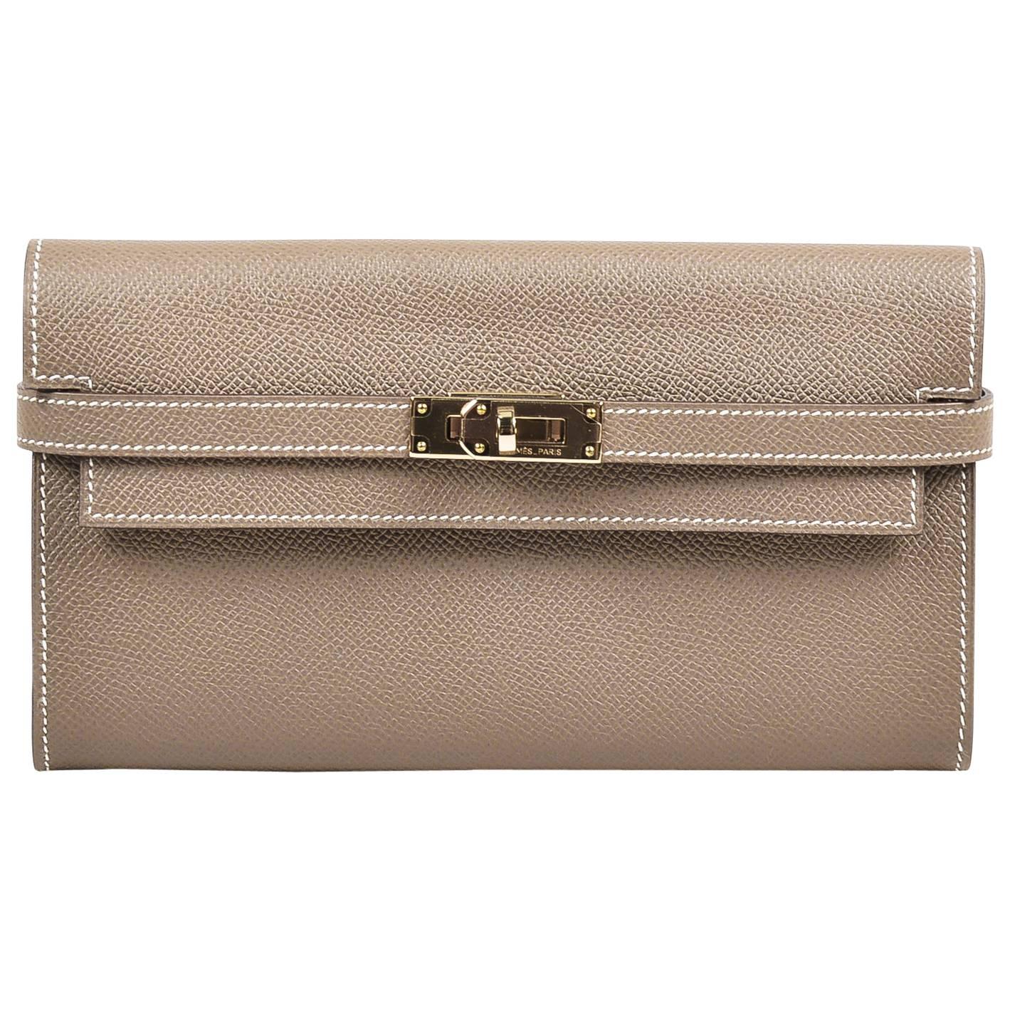 Hermes New in Box Etoupe Taupe Epsom Leather "Kelly Long" Wallet For Sale