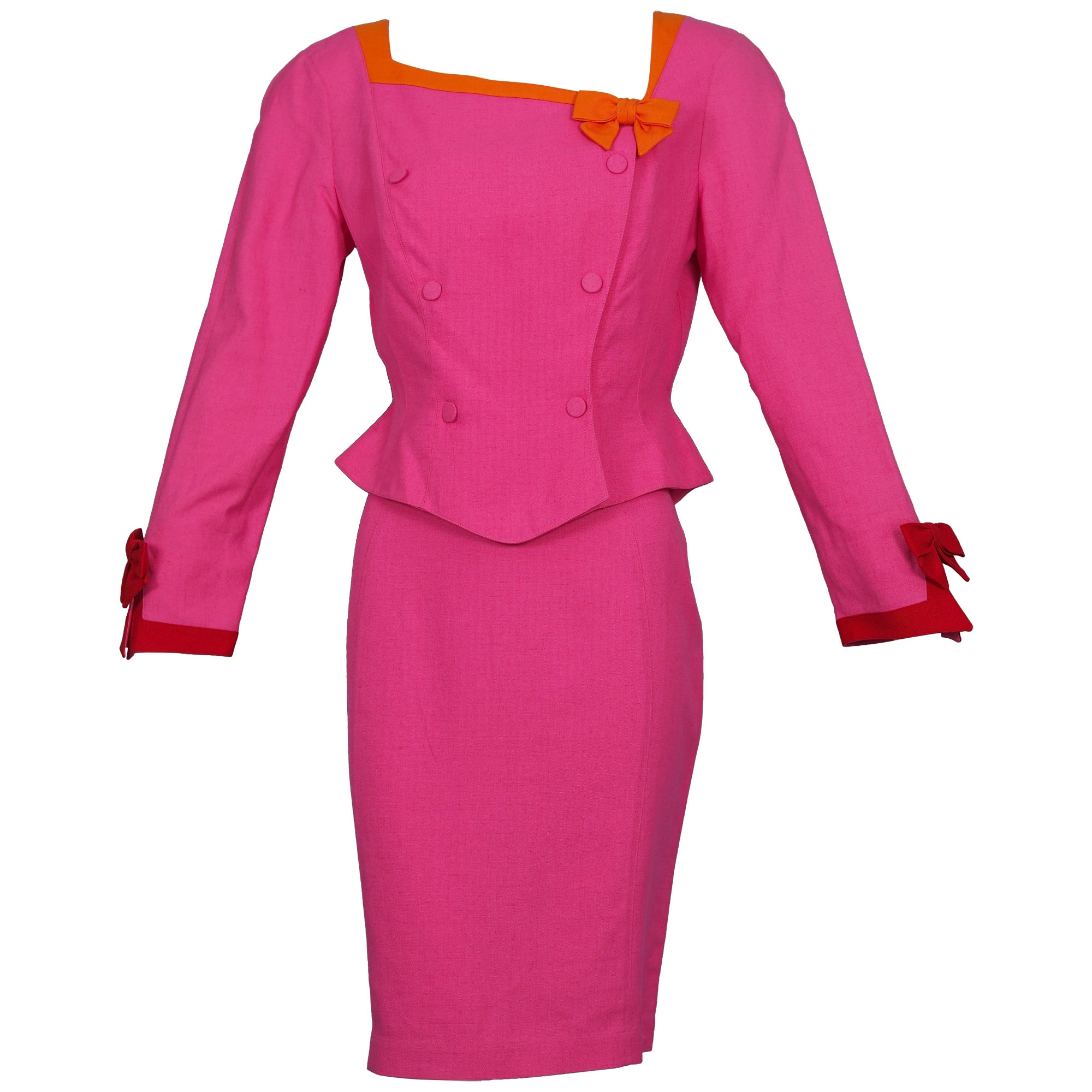 Vintage THIERRY MUGLER Colour Block Bows Blazer Skirt Suit For Sale
