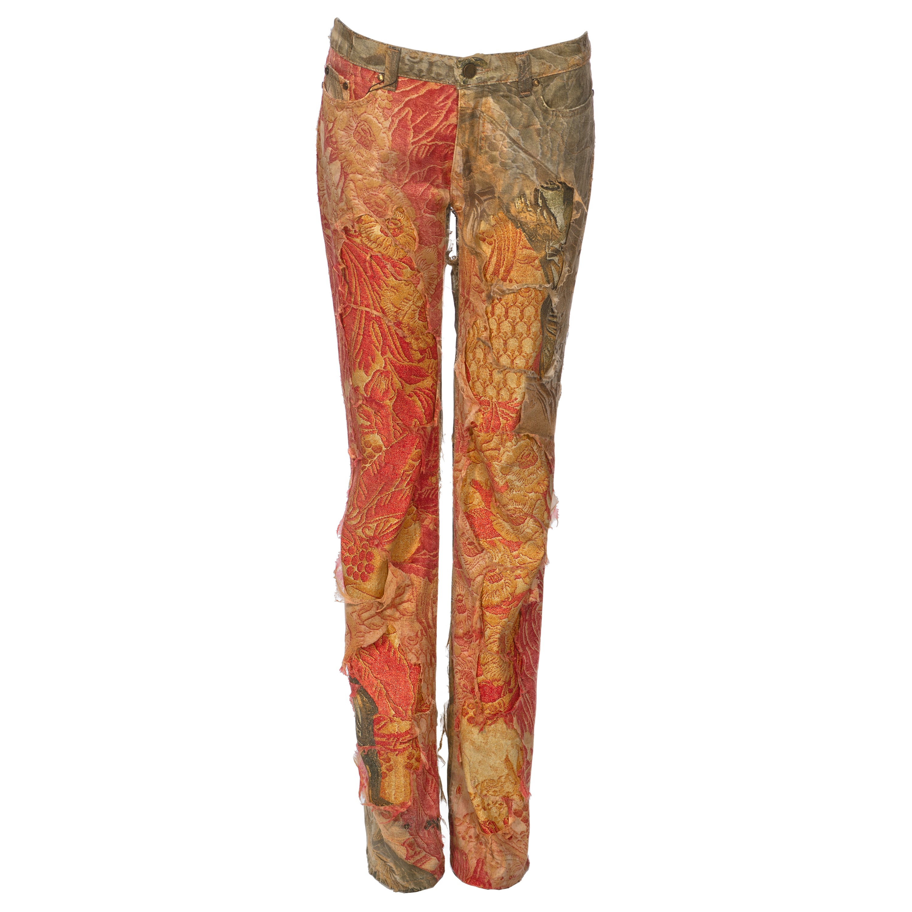 Roberto Cavalli Baroque Cotton Pants With Distressed Silk Overlay, fw 2001 For Sale