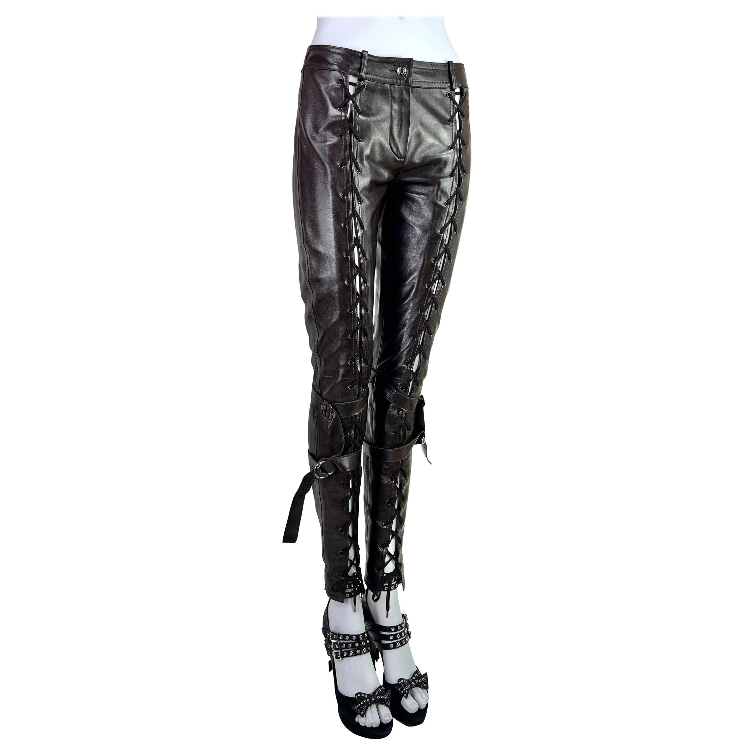 Dior by John Galliano Fall 2003 Leather Lace-Up Pants in Dark Chocolate For Sale
