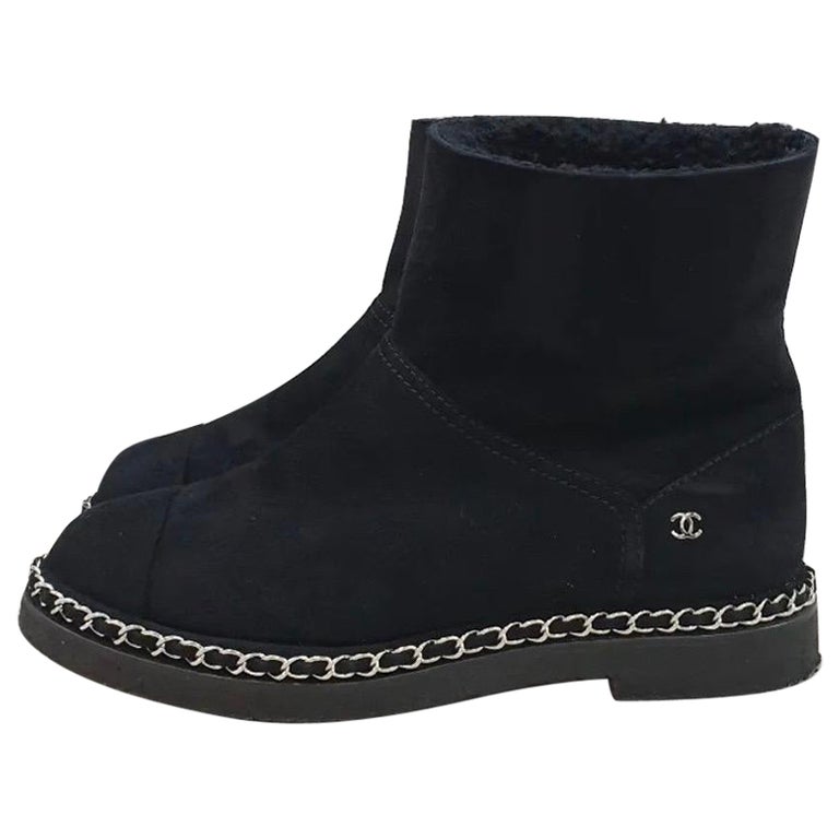 Chanel 2011 11K Chain-Trim Wedge Ankle Boots Grey Suede