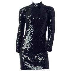 Vintage 80s Oleg Cassini Black Sequin  Cocktail Dress Open Back