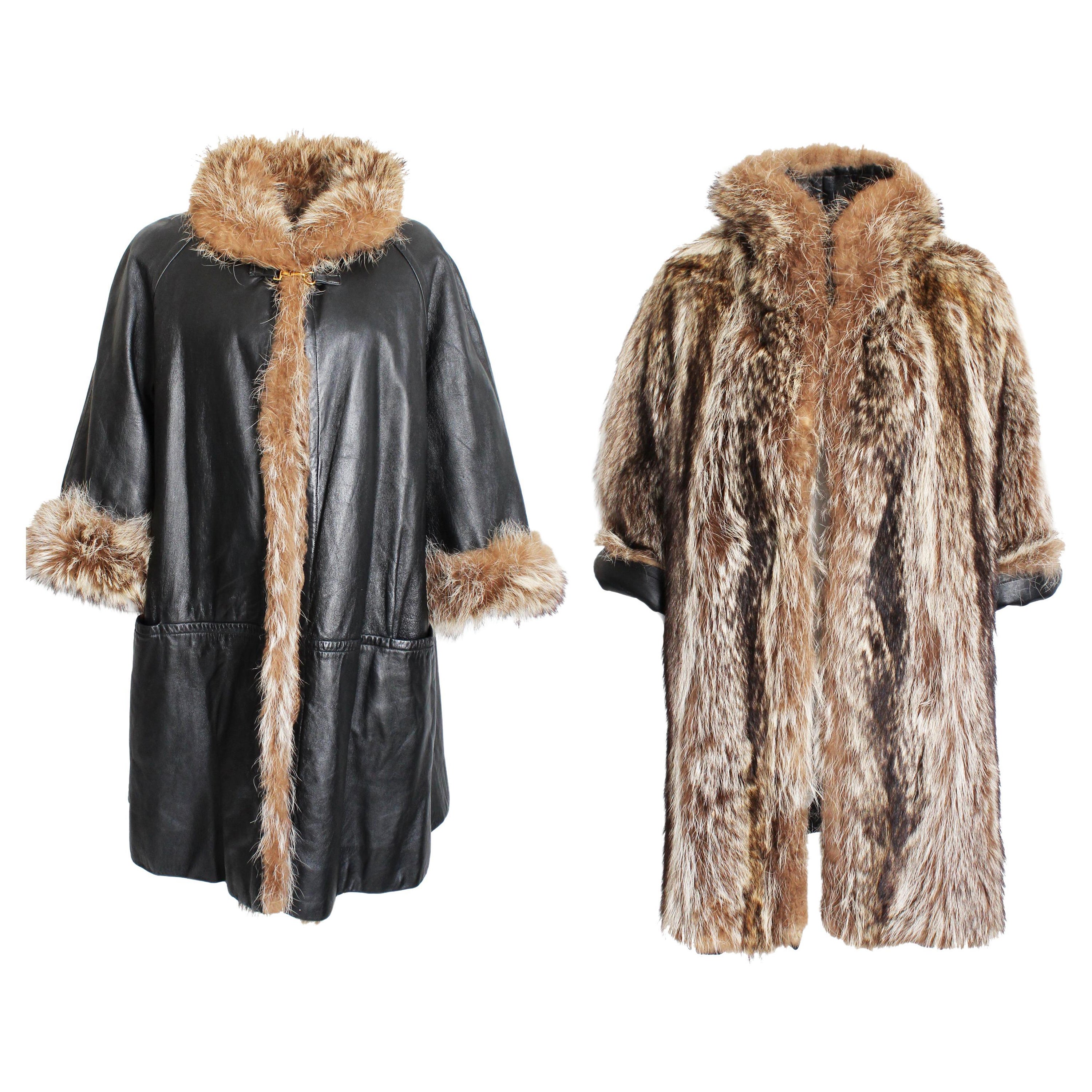 Bonnie Cashin for Sills Coat Black Leather Reversible Raccoon Fur Vintage 1960s  For Sale